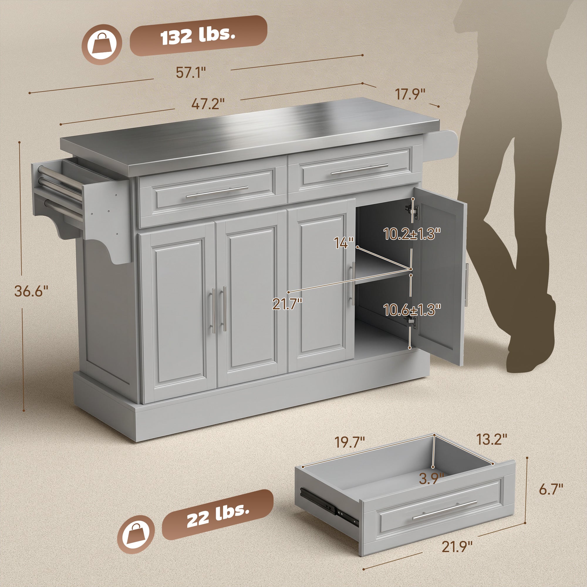 Rolling Kitchen Island with Storage Portable Cart with Stainless Steel Top 2 Drawers Gray