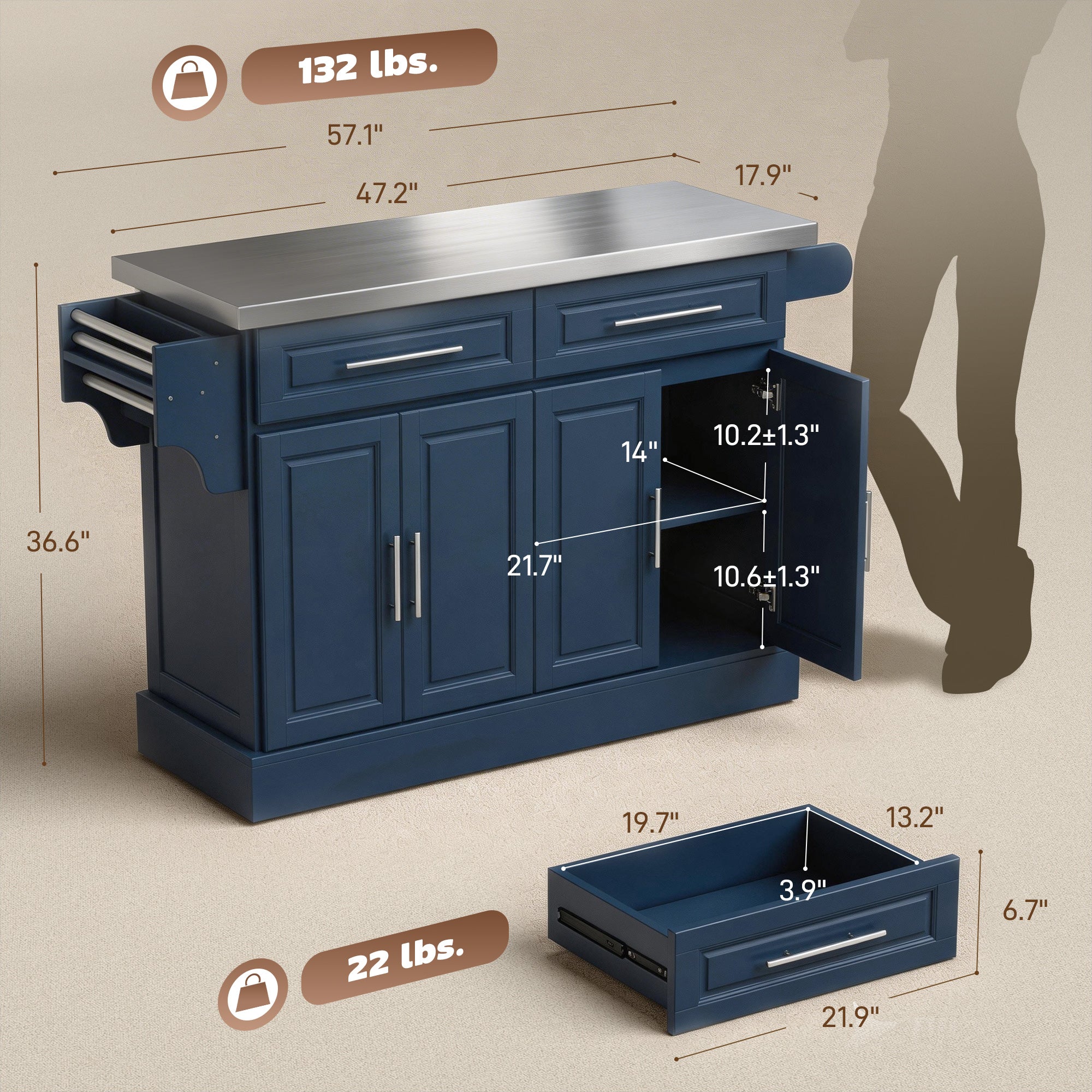 HOMCOM Rolling Kitchen Island with Stainless Steel Top and Storage