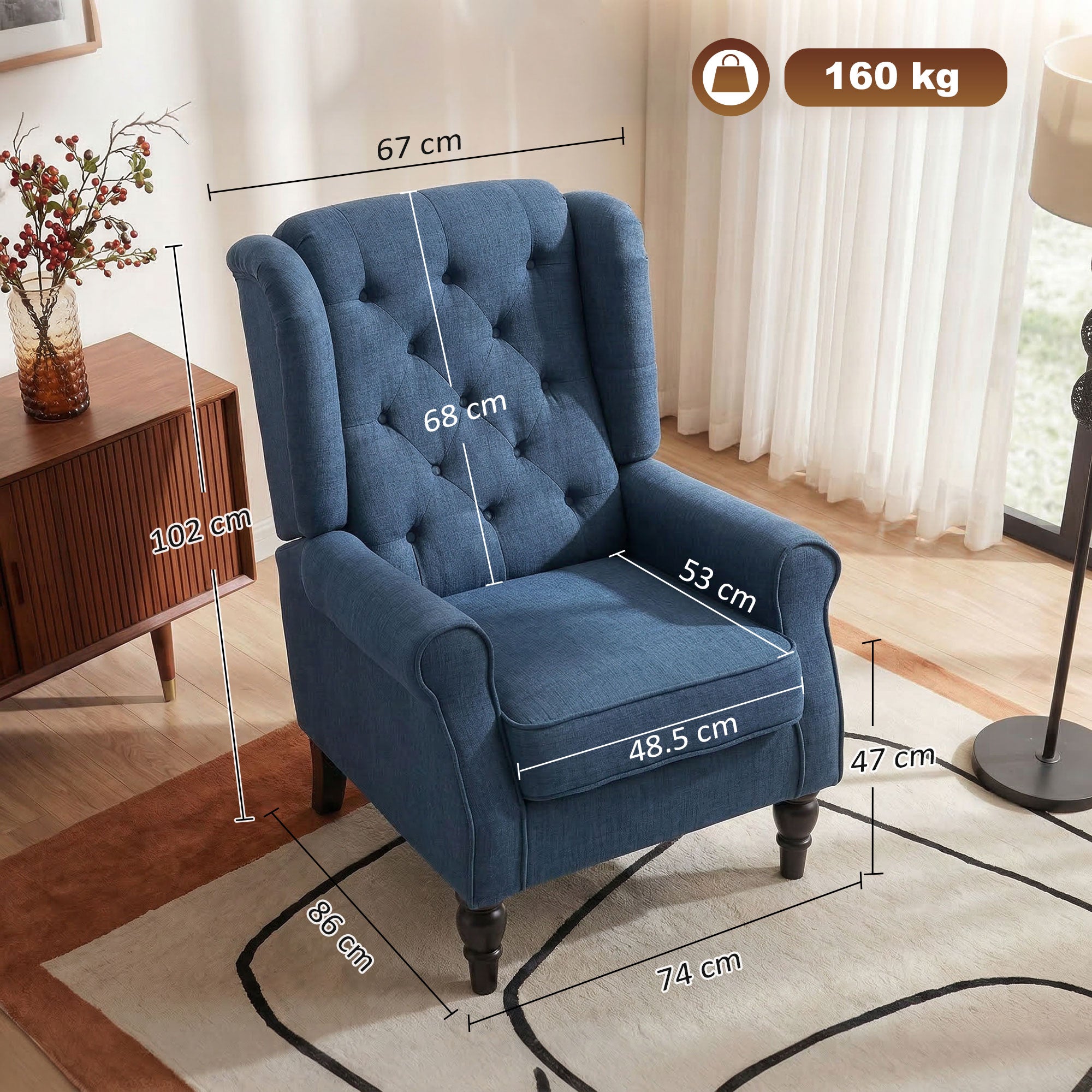 Retro Button Tufted Accent Armchair with Wooden Frame and Legs for Living Room, Bedroom, Blue - HOMCOM