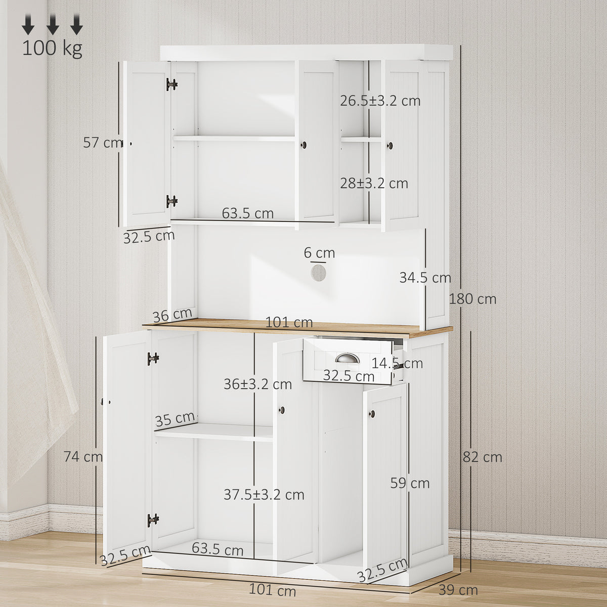 Modern Kitchen Cupboard with 6 Doors with Countertop, Drawer, Adjustable Shelves, White