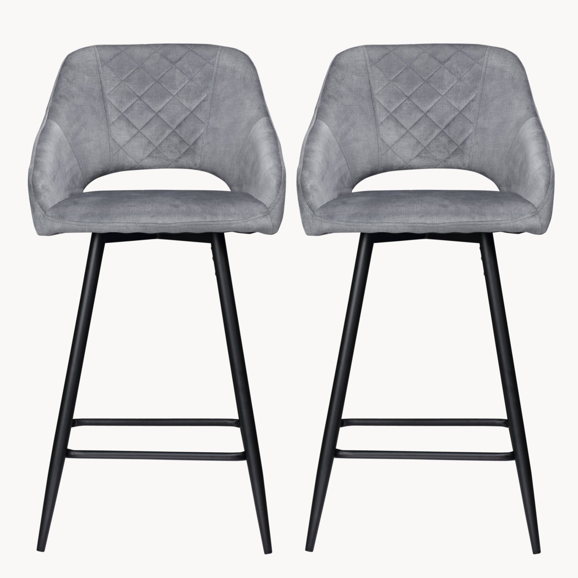 Aura Velvet Bar Stools Set of 2, Velvet-feel Fabric Counter Height Chairs with Steel Legs, Grey
