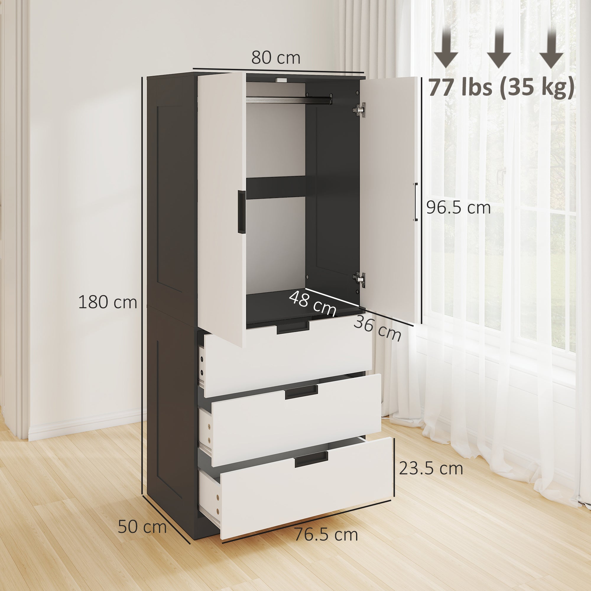 Modern Clothes Storage Cupboard Unit, Wardrobe with Hanging Rod, 3-Drawer and 2-Door, Black