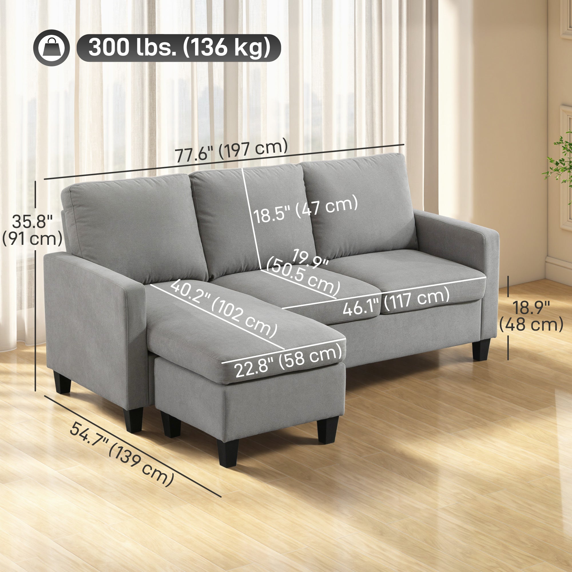 Canapé d'angle 3 places en L avec pouf pour salon, gris clair
