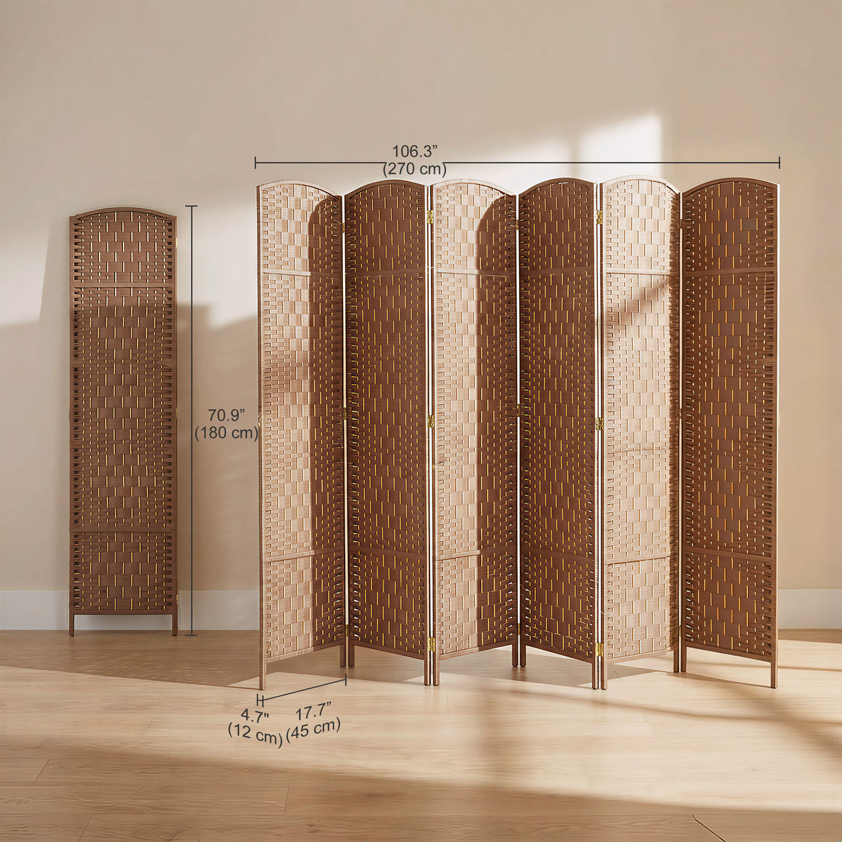 6 Panels Folding Room Divider, 6 ft Tall Portable Privacy Screen with Handwoven Design, Natural