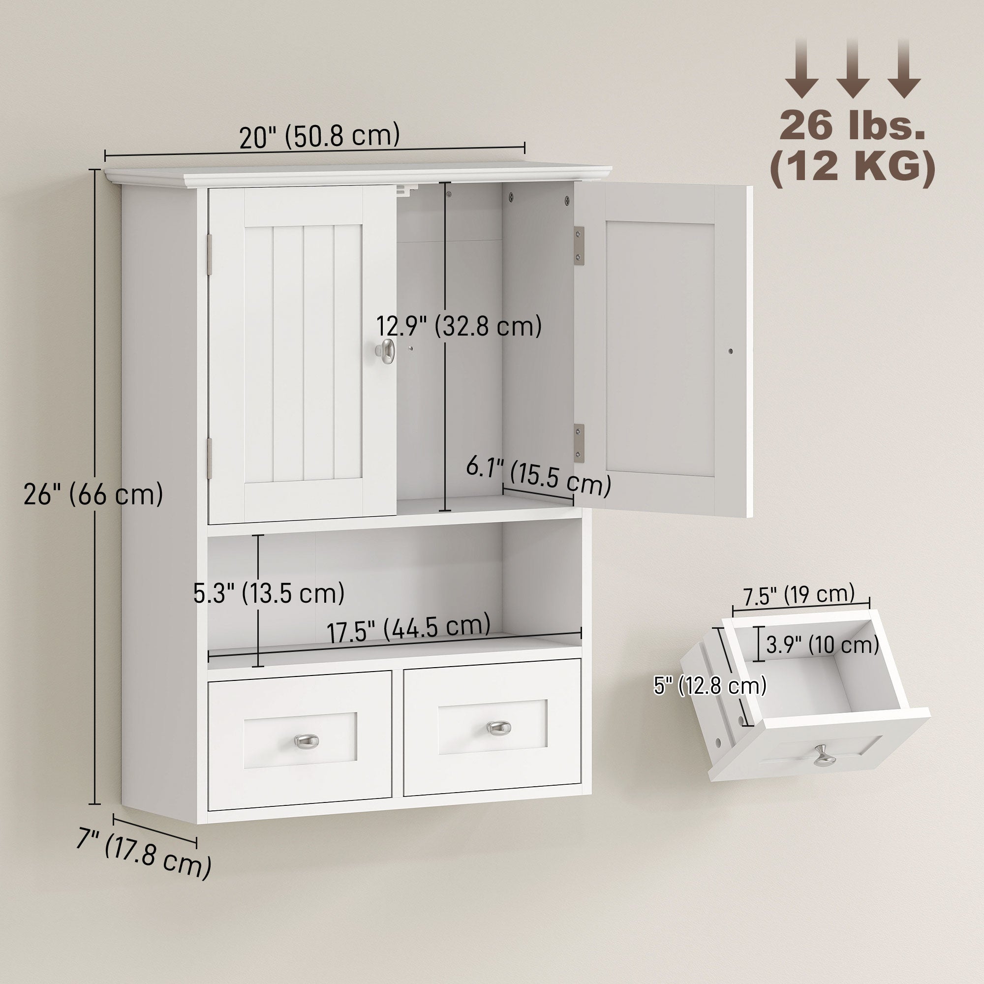 Armoire murale de salle de bain, armoire à pharmacie avec étagère et tiroirs, blanche, à placer au-dessus des toilettes