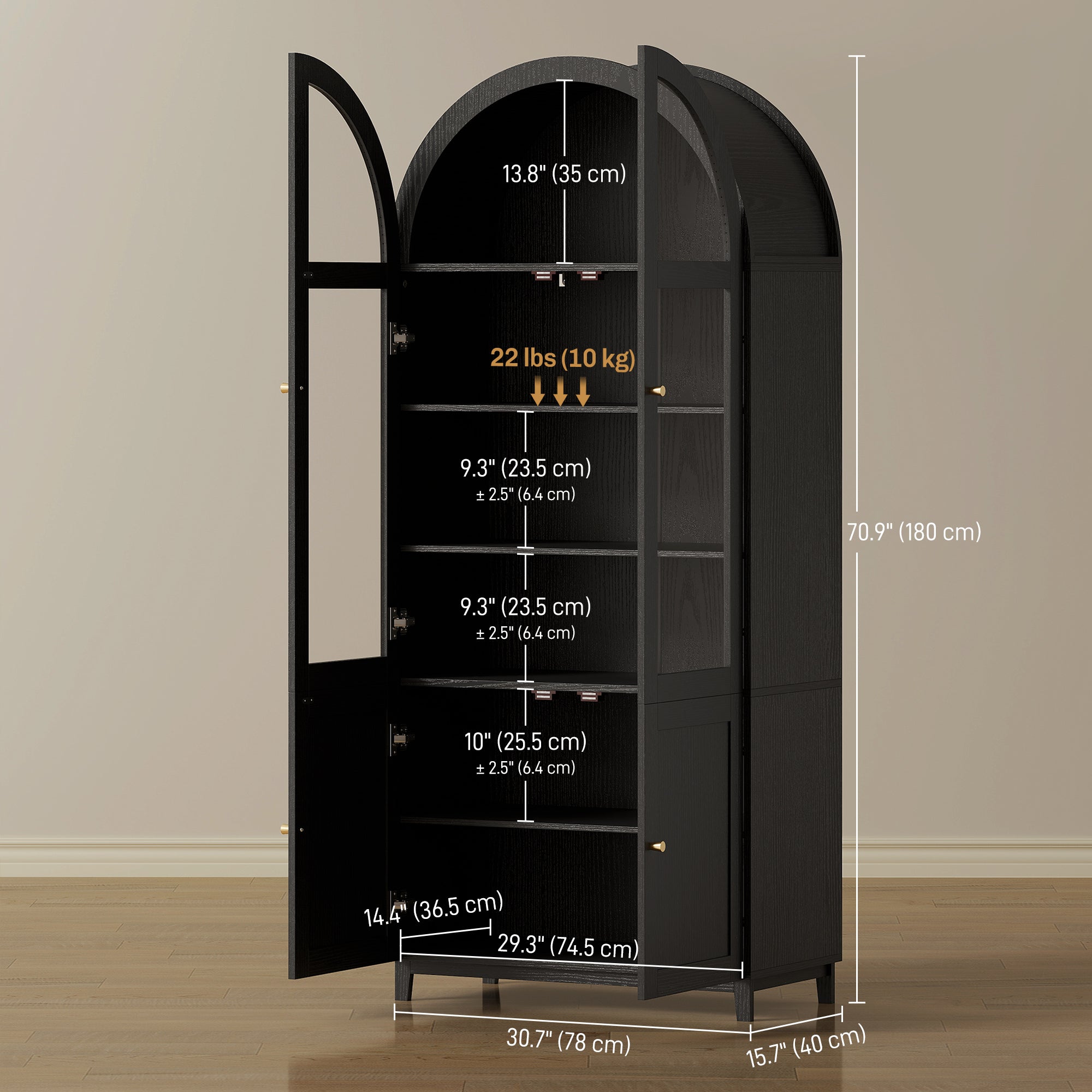 71" Tall Arched Kitchen Pantry Cabinet, Farmhouse Freestanding Kitchen Storage Cabinet with Adjustable Shelves, Acrylic Doors for Living Room, Dining Room, Black - HOMCOM