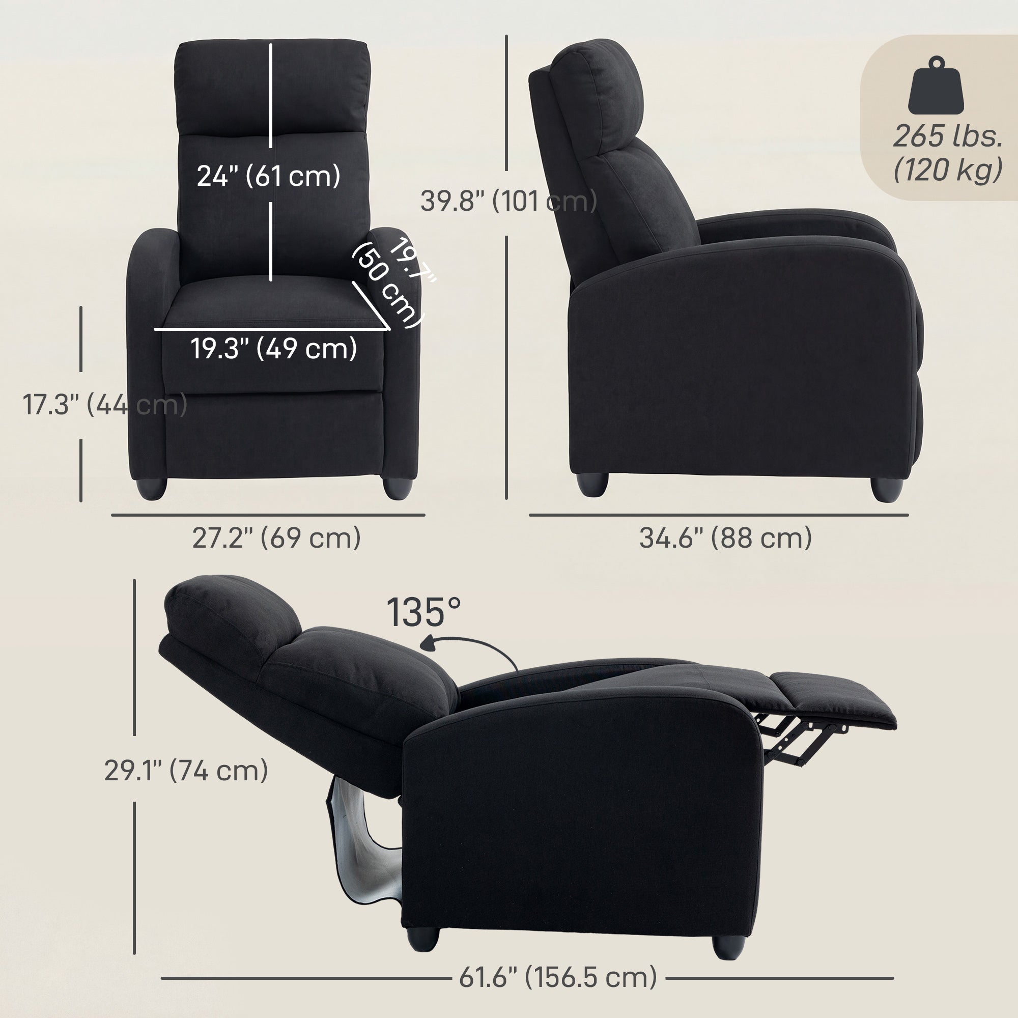 Push Back Recliner Chair with Padded Seat, Black - HOMCOM