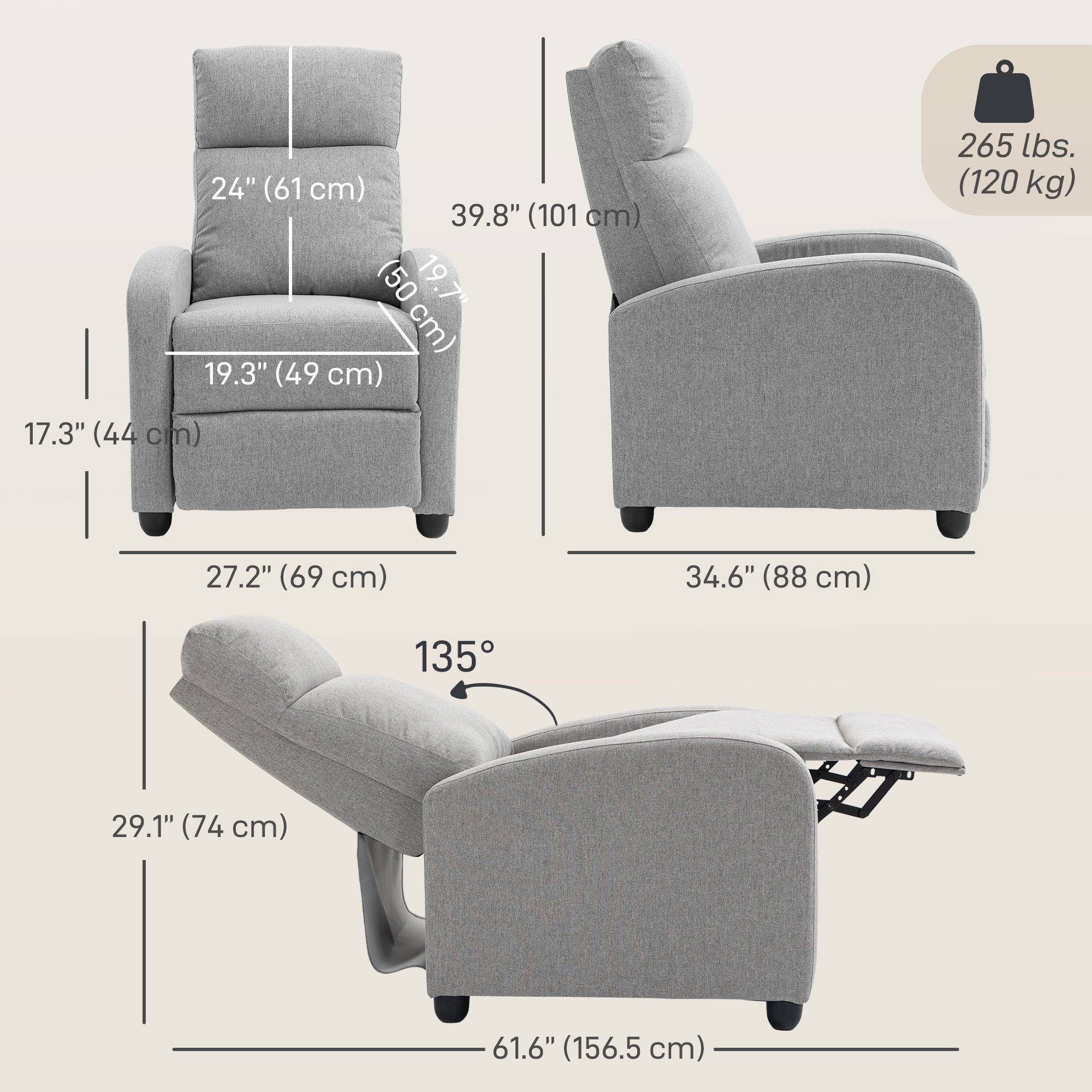 Push Back Recliner Chair with Padded Seat, Light Grey - HOMCOM