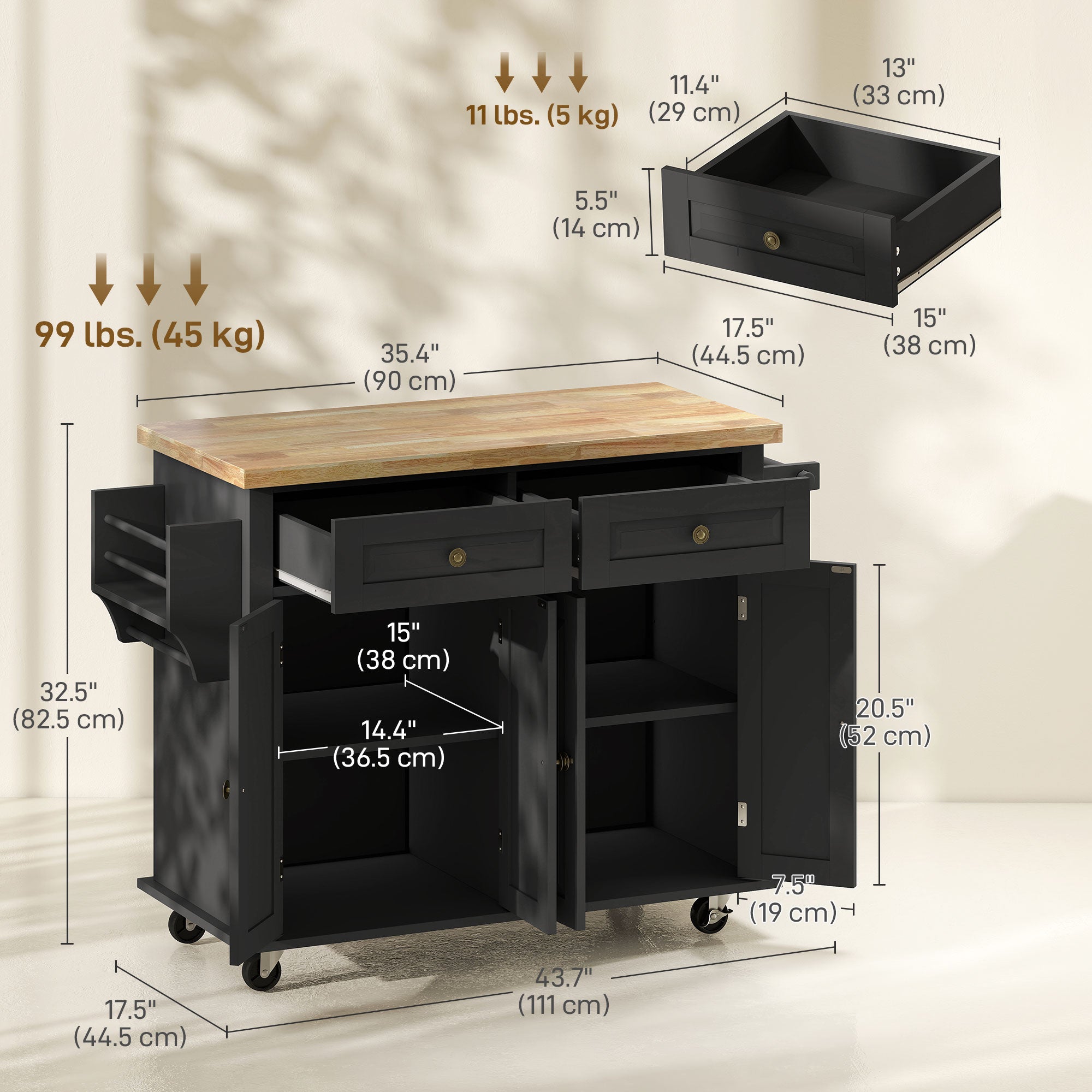 GlideSpace Rolling Kitchen Island with Rubberwood Top and Spice Rack for Kitchen, Black - HOMCOM