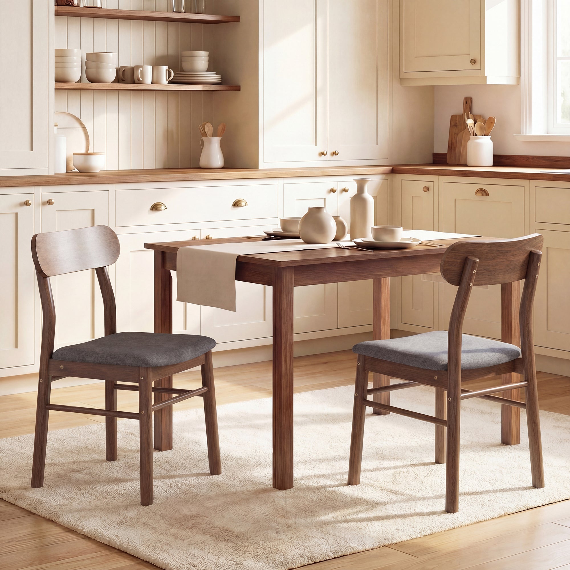 Mid-Century Modern Wooden Dining Chairs Set of 2, Upholstered Kitchen Chairs with Rubberwood Legs, Curved Backrest and Padded Seat for Dining Room, Gray