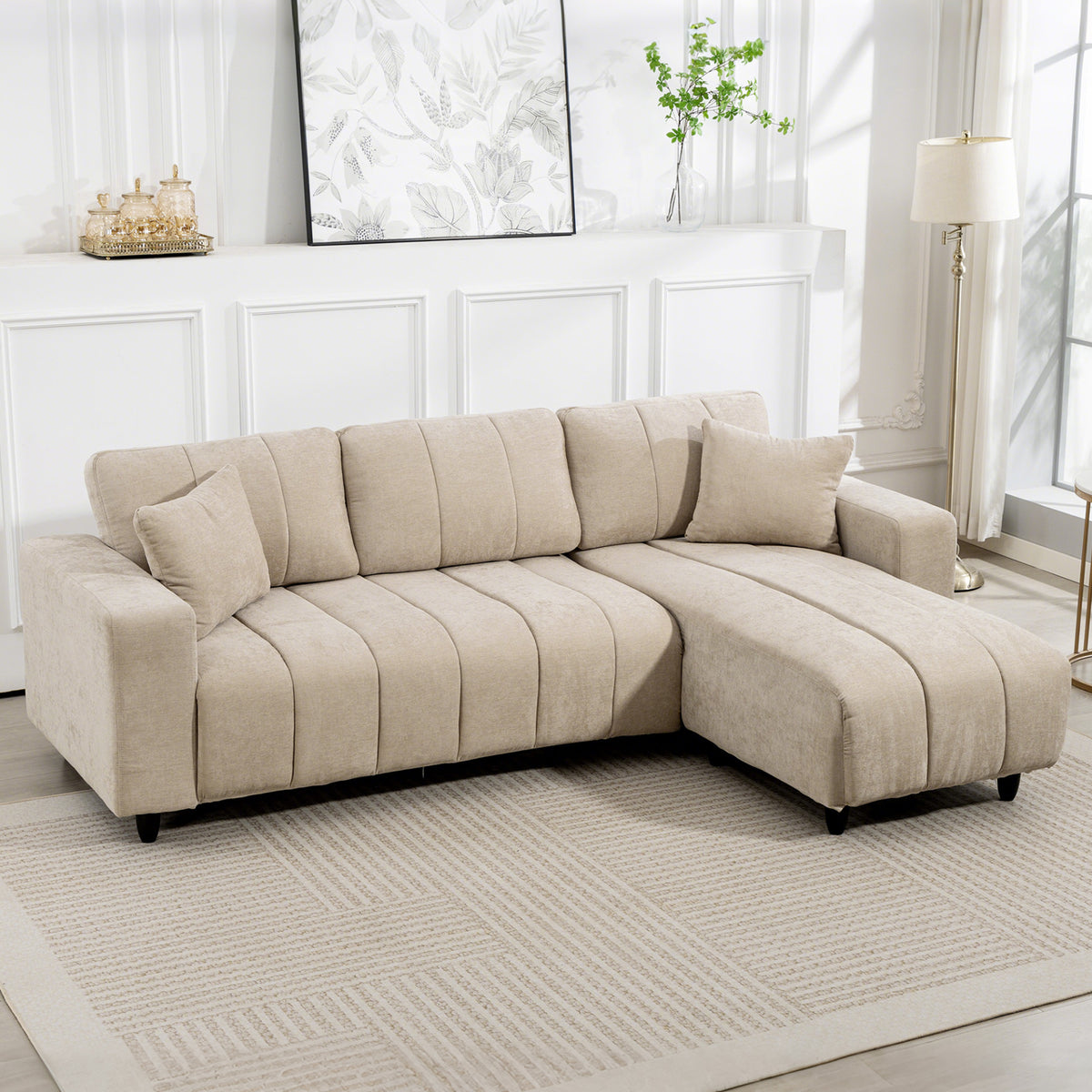 Modular Sectional Sofa with Changeable Chaise, Integrated Seat, 95" Large 3 Seater L-Shaped Sofa with Spring Cushion, 2 Pillows, Steel Frame for Living Room, Beige