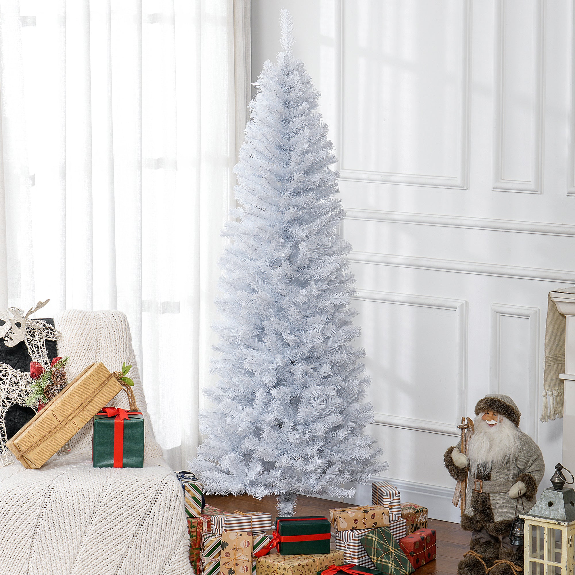 6 FT Artificial Christmas Tree Pencil Xmas Tree with Stand 618 Tips Holiday Indoor Decoration White