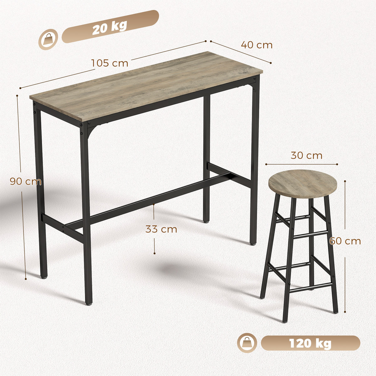 5 Piece Bar Table Set with 4 Stools, Industrial Bar Table and Stool Set, Dining Table and Chair Set for Small Space, Grey Wood Effect