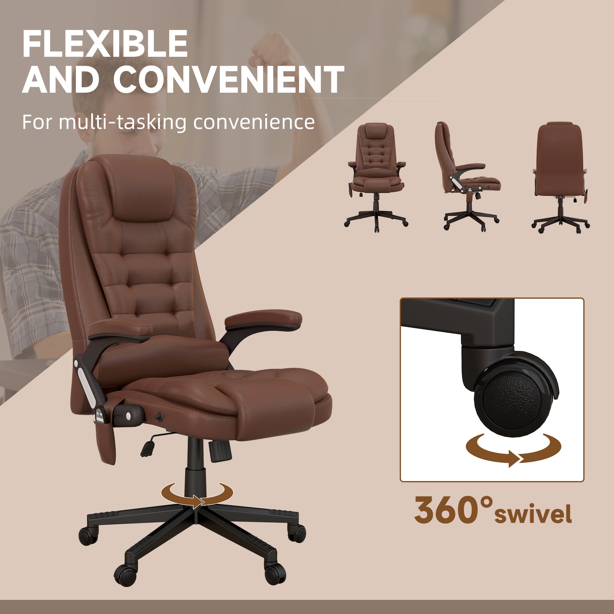 Massage Office Chair, Heated Reclining Computer Chair with 6 Vibration Points, Armrest and Remote, Brown