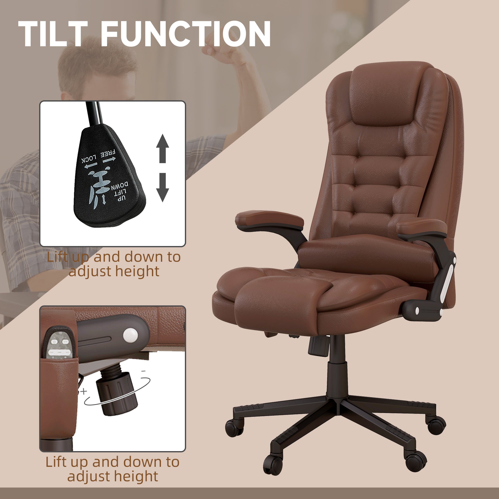 Massage Office Chair, Heated Reclining Computer Chair with 6 Vibration Points, Armrest and Remote, Brown