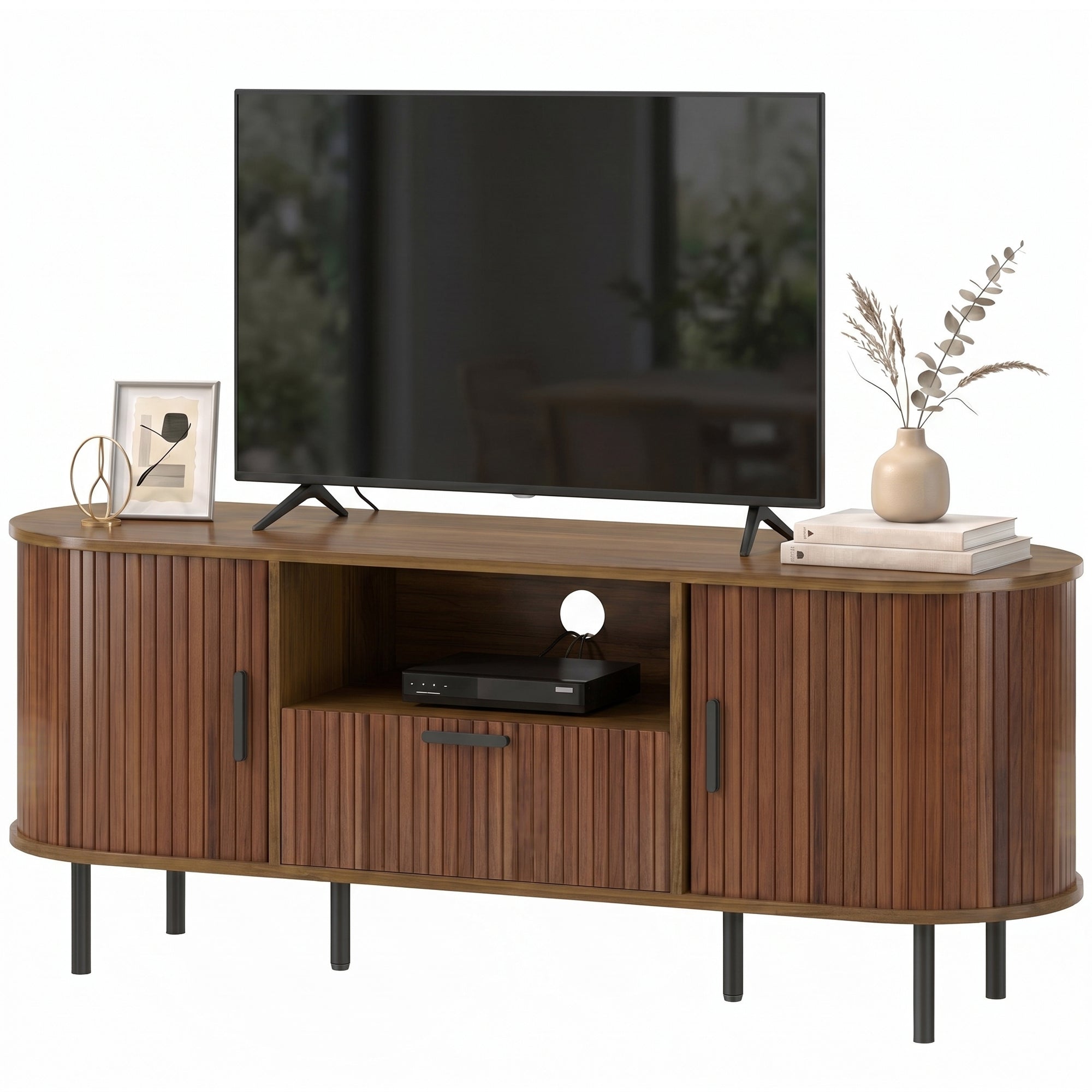 TV Stand for TVs up to 60", Modern Entertainment Center with Curved Sliding Doors, Media Console with Drawer, Cabinet and Shelf, Brown