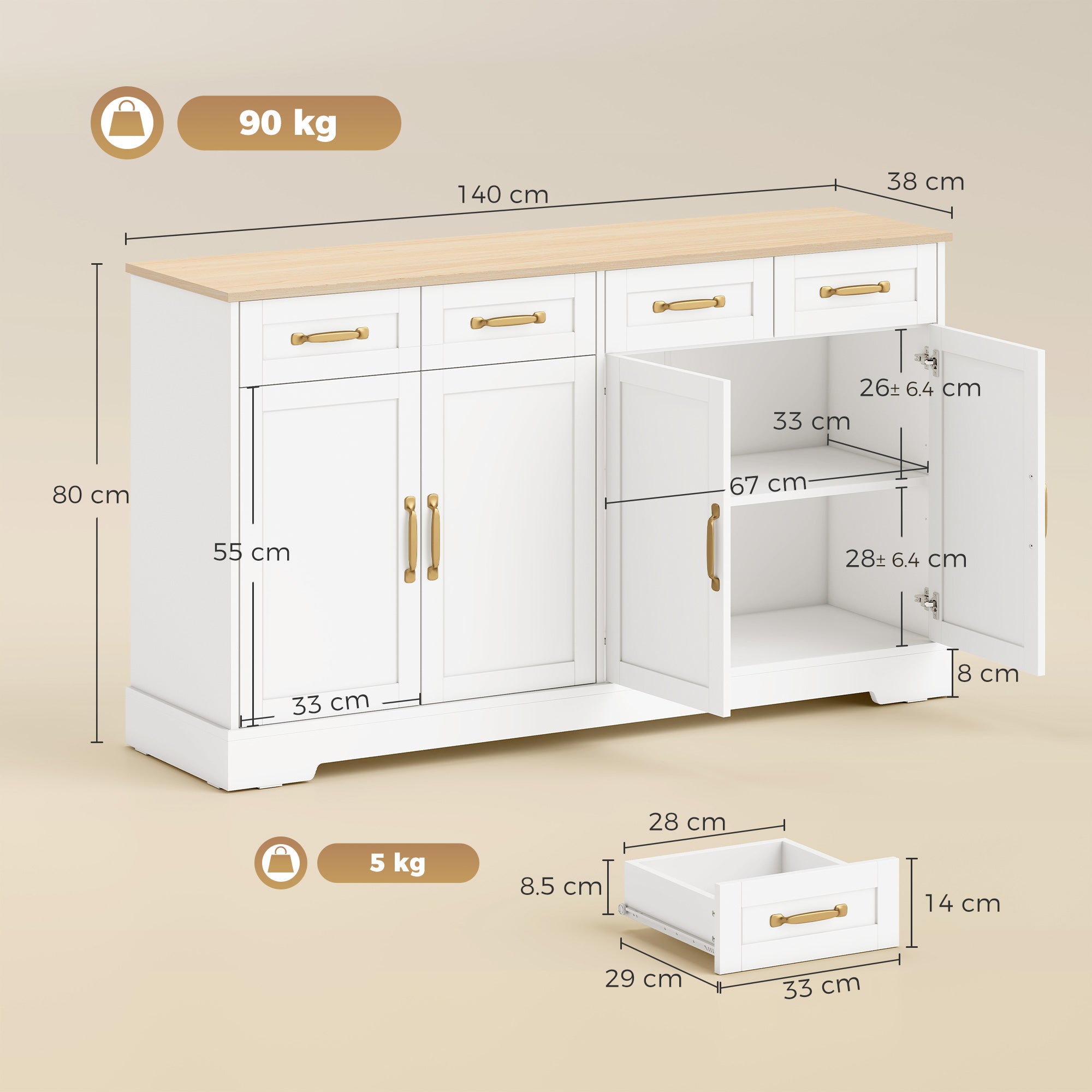 Sideboard Buffet Cabinet, 140 cm Modern Farmhouse Kitchen Storage Cabinet with 4 Drawers, 4 Doors and 2 Adjustable Shelves, Coffee Bar Station, White