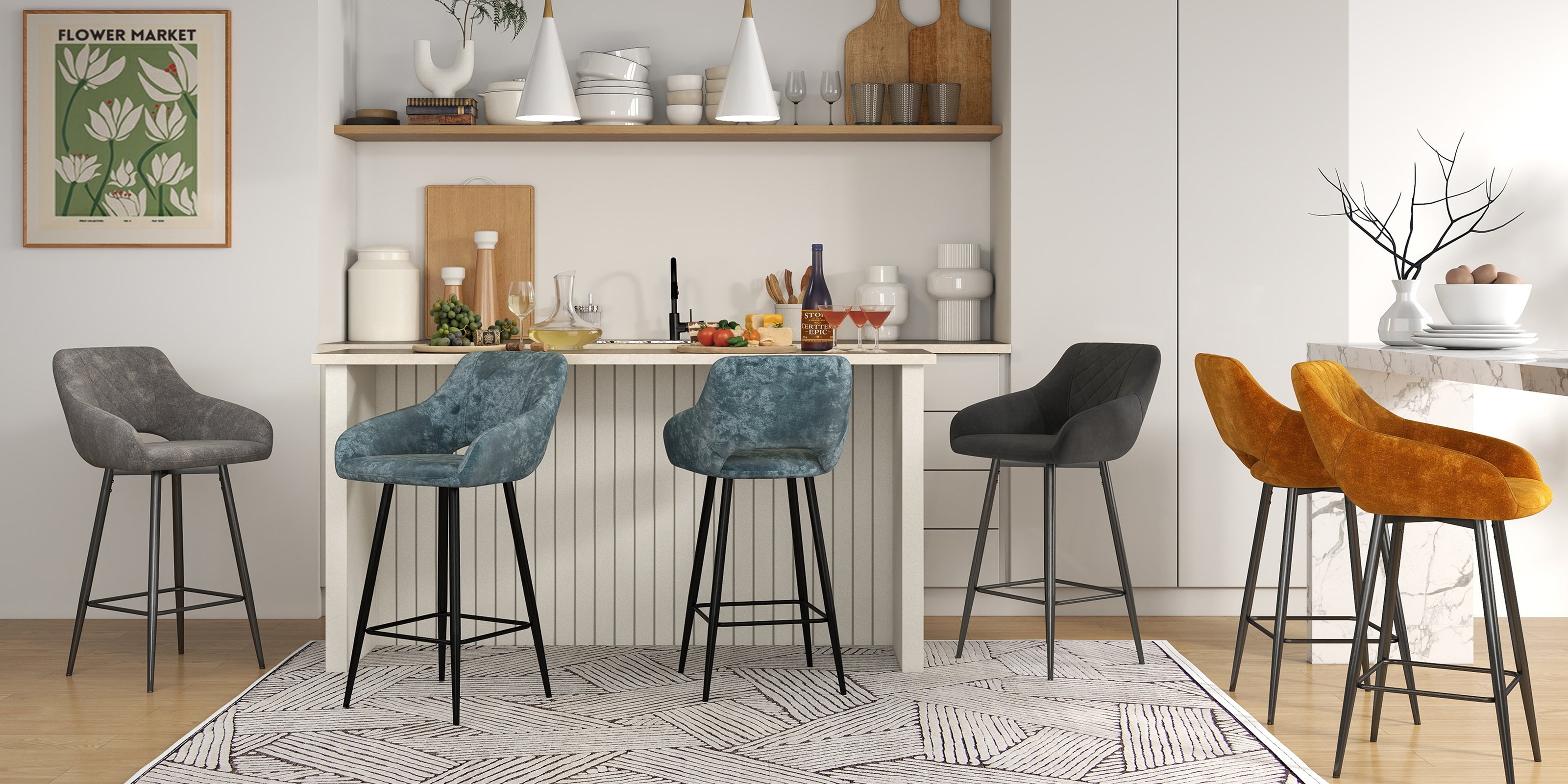 Aura Velvet Bar Stools Set of 2, Velvet-feel Fabric Counter Height Chairs with Steel Legs, Blue
