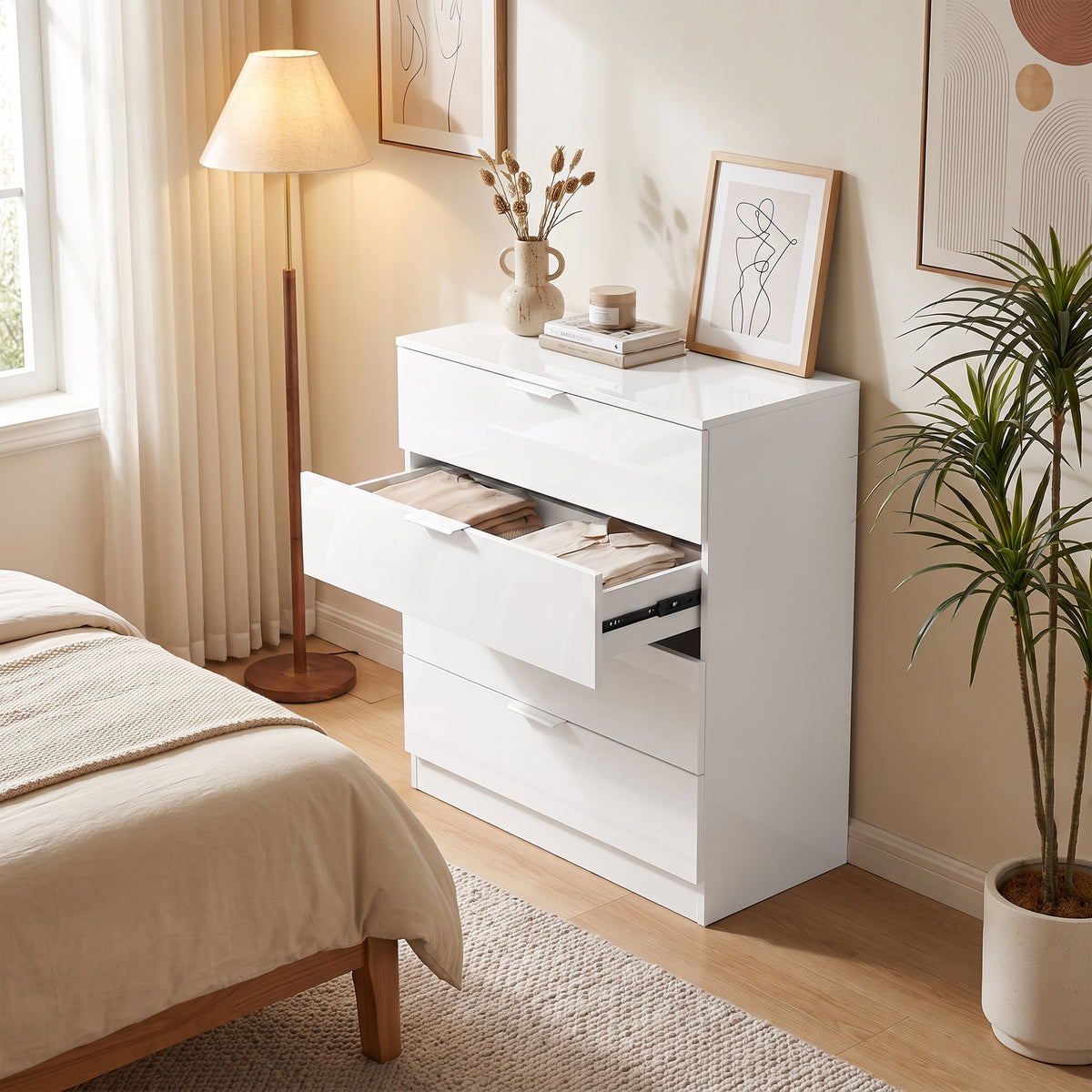 High Gloss Chest of Drawers with 4 Drawers, Modern Space-Saving Bedroom Storage Unit with Smooth Runners, Wooden Cupboard for Living Room, Office, Hallway, 70 x 34 x 79 cm, White