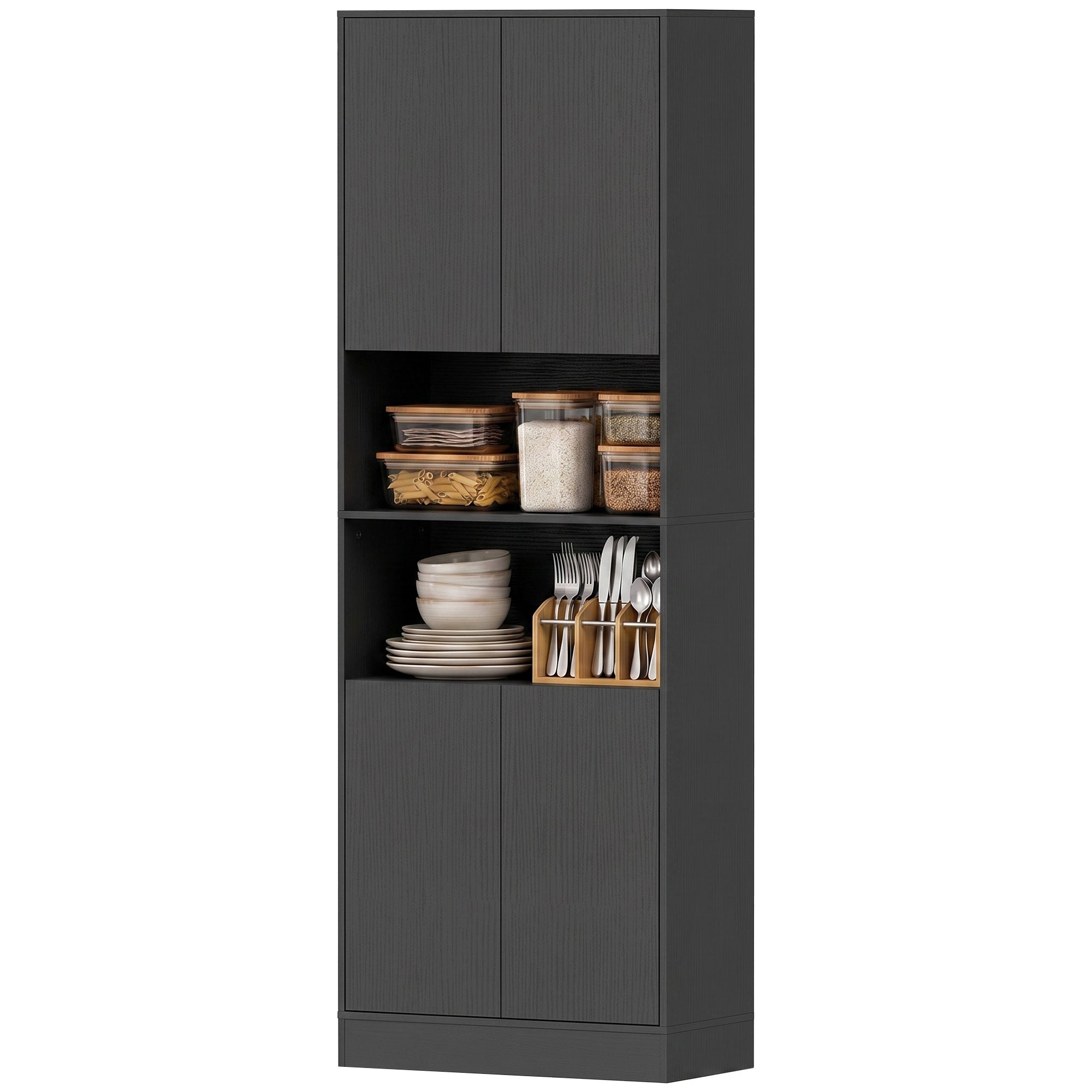 170 cm Tall Kitchen Cupboard, Pantry Storage Cabinet with Soft-Close Hinges, Freestanding Kitchen Cabinet with 2 Cupboards, 2 Open Shelves and Adjustable Shelves, Black Wood Effect