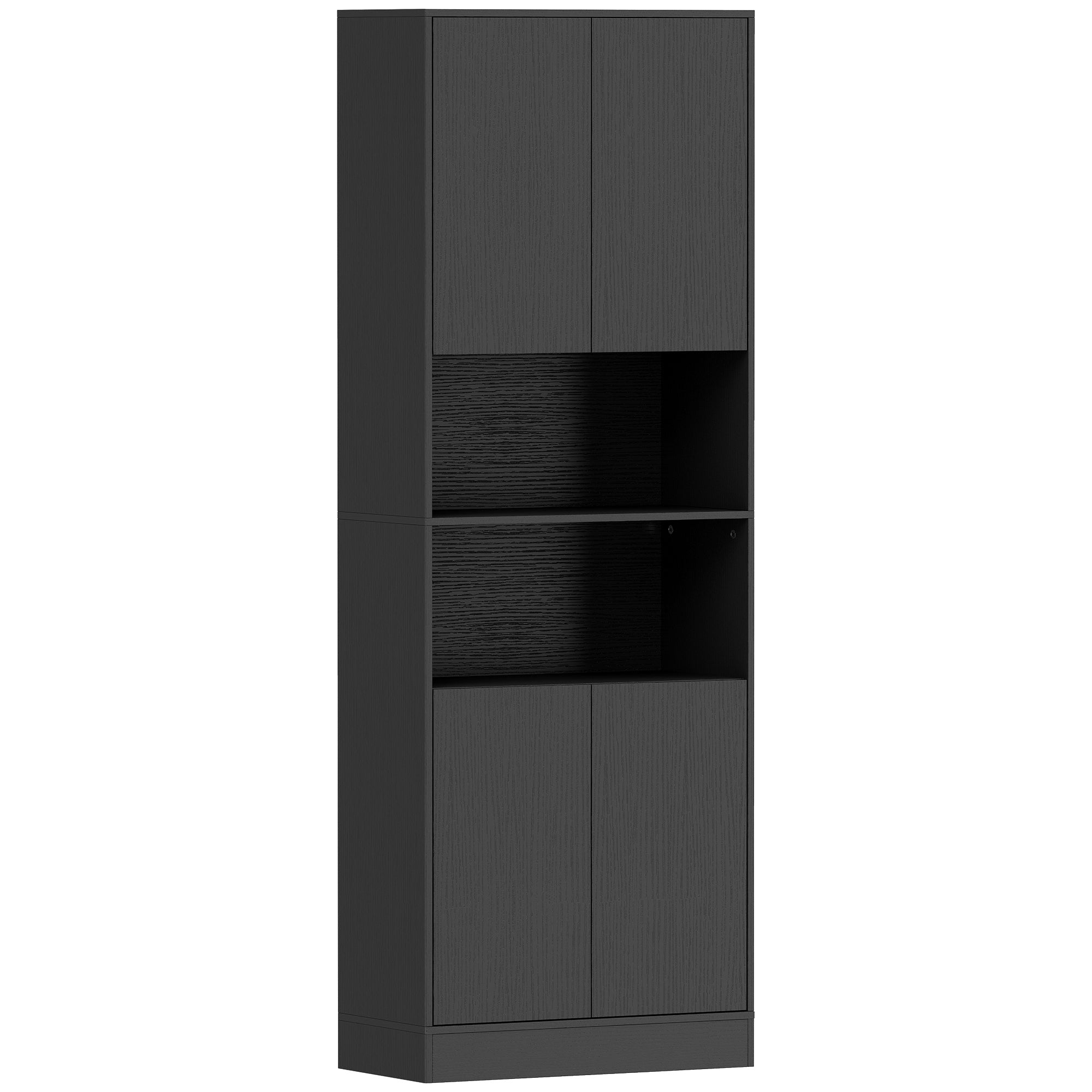 170 cm Tall Kitchen Cupboard, Pantry Storage Cabinet with Soft-Close Hinges, Freestanding Kitchen Cabinet with 2 Cupboards, 2 Open Shelves and Adjustable Shelves, Black Wood Effect