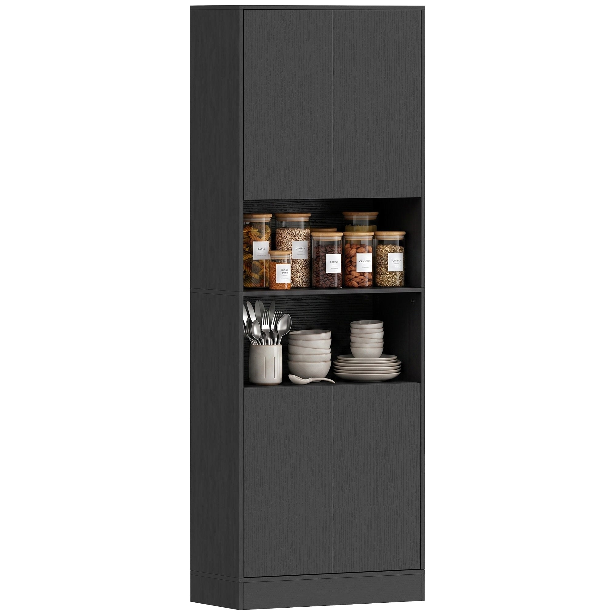 170 cm Tall Kitchen Cupboard, Pantry Storage Cabinet with Soft-Close Hinges, Freestanding Kitchen Cabinet with 2 Cupboards, 2 Open Shelves and Adjustable Shelves, Black Wood Effect