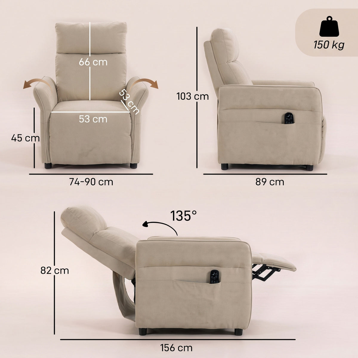 Recliner Armchair, Push Back Recliner Chair w/ Massage & Heat, Adjustable Armrests, Spring Seat, Terry Cloth Manual Reclining Single Sofa w/ Footrest, Side Pockets for Home Living Room, Beige