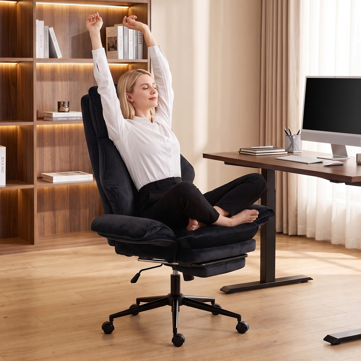 Cross Legged Office Chair with Footrest, 396 lbs Reclining Computer Desk Chair with High Back, Flip-up Armrests, Adjustable Height, Thick Cushion, Rocking Function, Black