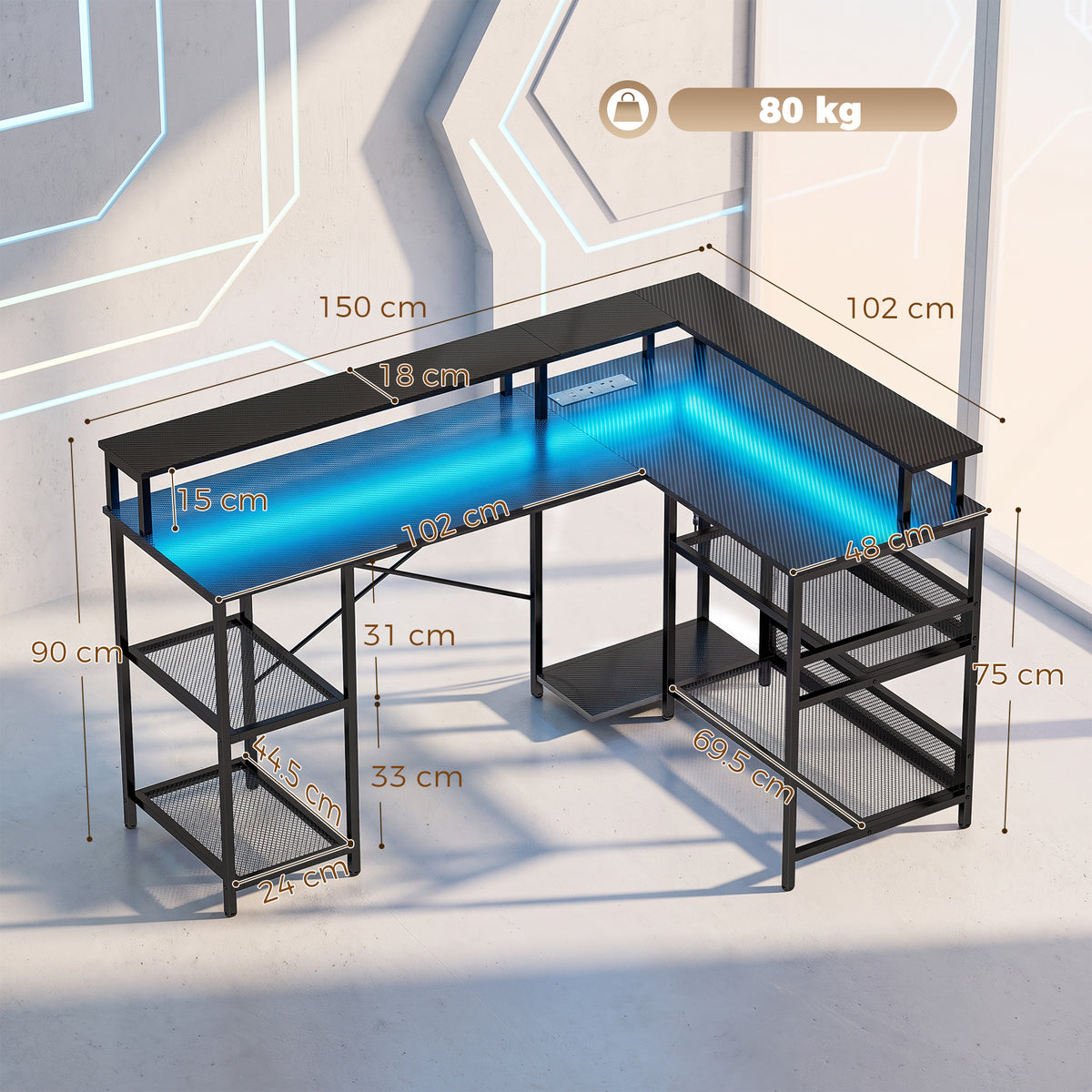 L Shaped Gaming Desk with LED Lights and Power Outlets, 150cm Corner Computer Desk with Monitor Stand and Storage Shelves, Home Office Desk for Small Space, Black Gaming Texture