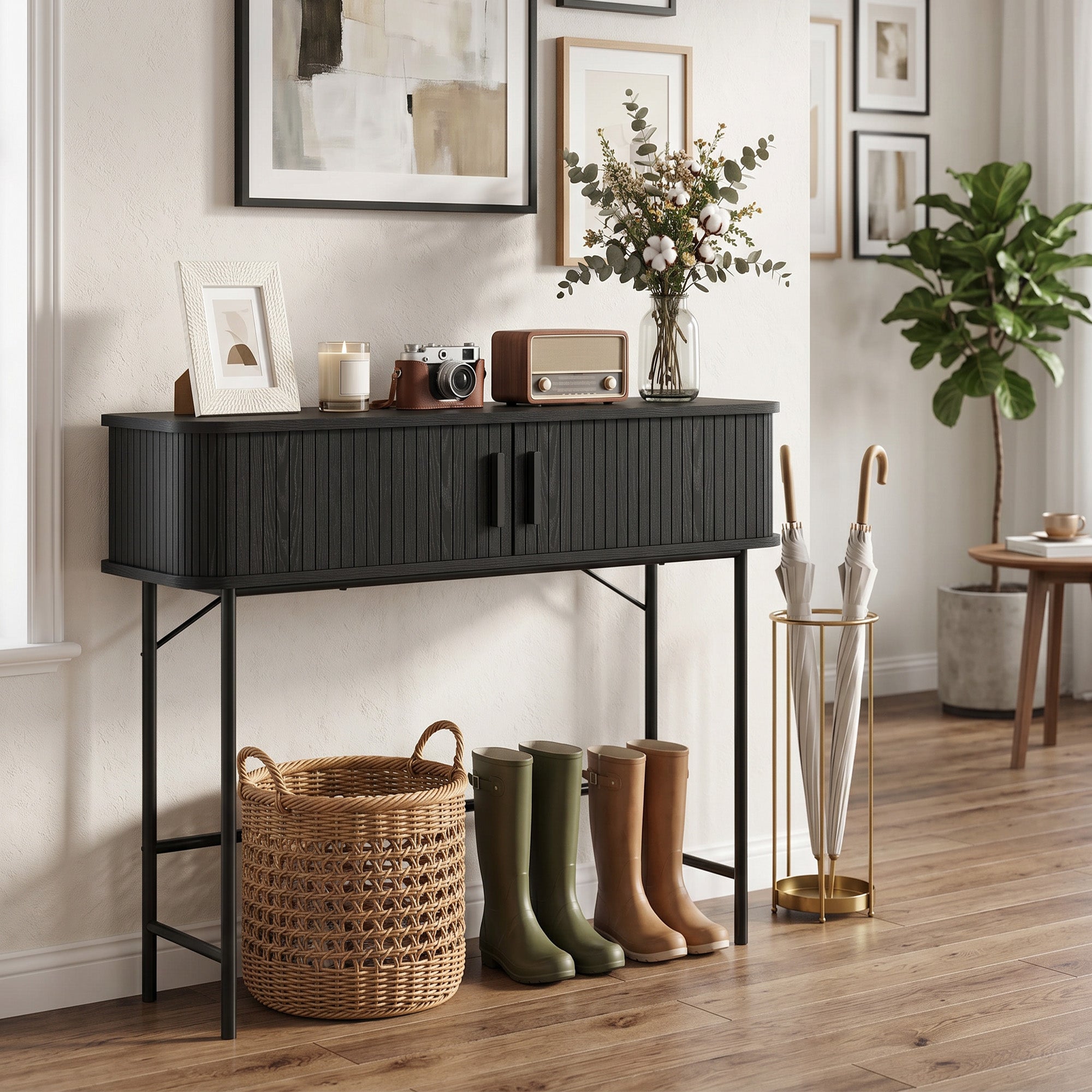 39" Narrow Console Table, Mid-Century Entryway Table with Storage Compartments and Slatted Tambour Swing Doors for Behind Couch, Living Room, Hallway, Black