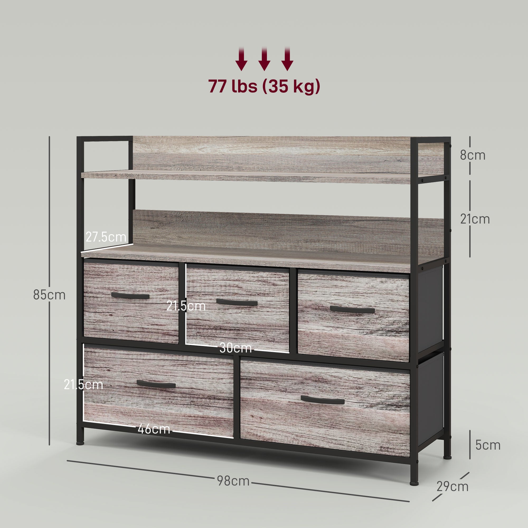 HOMCOM Bedroom Chest of Drawers, Fabric Dresser with 5 Drawers, Storage Organiser Unit with Open Shelves and Metal Frame for Living Room, Entryway, Grey Wood Effect