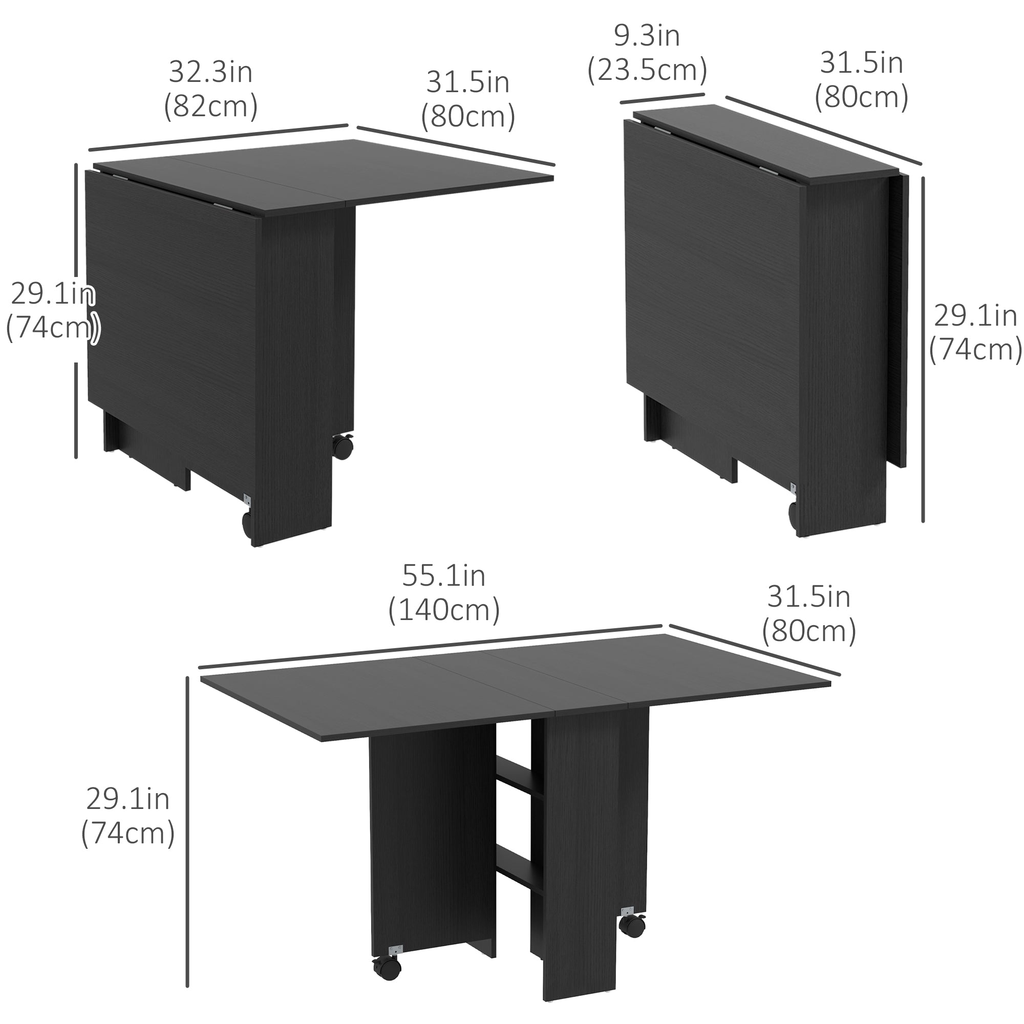 HOMCOM Folding Dining Table, 55" Drop Leaf Table for Small Spaces, Foldable Table with Storage Shelves for Kitchen, Dining Room, Black