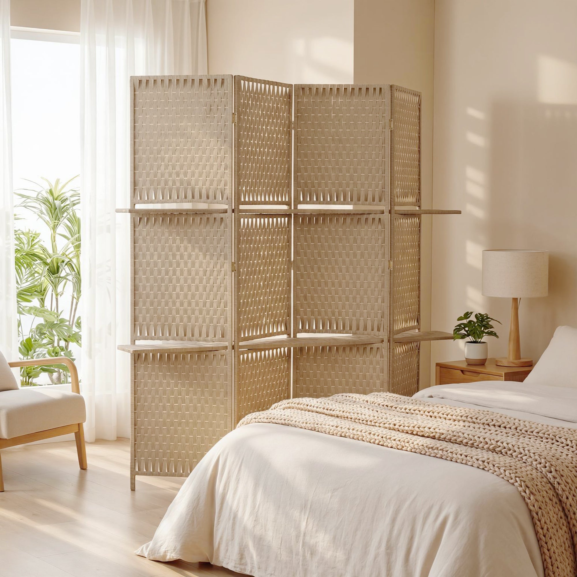 4-Panel Room Divider with Shelves, Wave Fibre Freestanding Folding Privacy Screen Panels, Partition Wall Divider for Indoor Bedroom Office, 180 cm, Natural Wood Finish