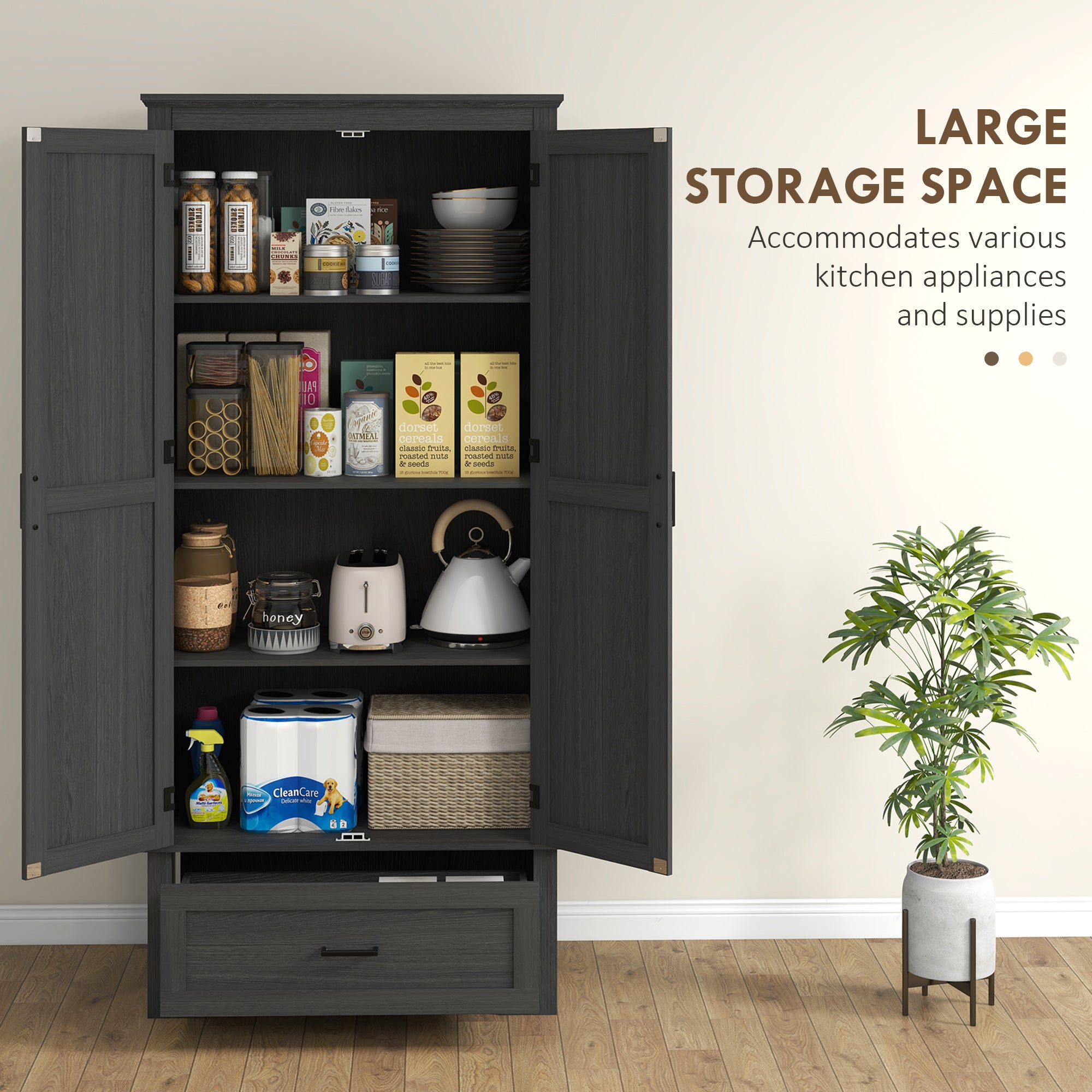 69" Tall Kitchen Storage Cabinet with Adjustable Shelves, Black