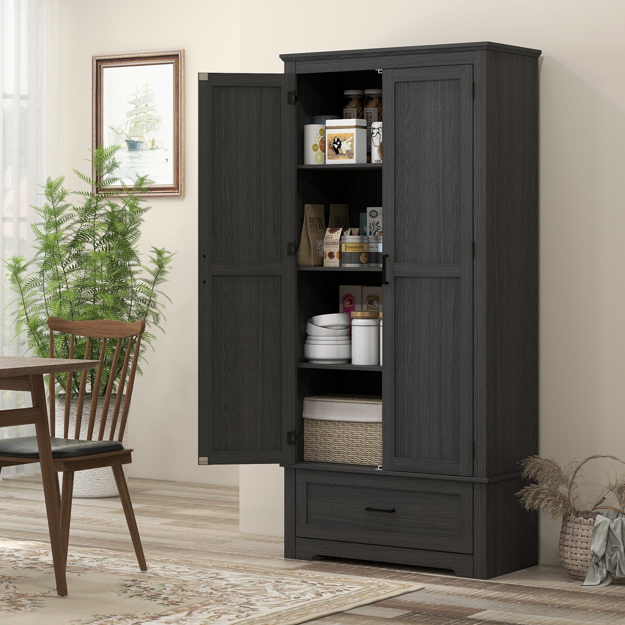 69" Tall Kitchen Storage Cabinet with Adjustable Shelves, Black