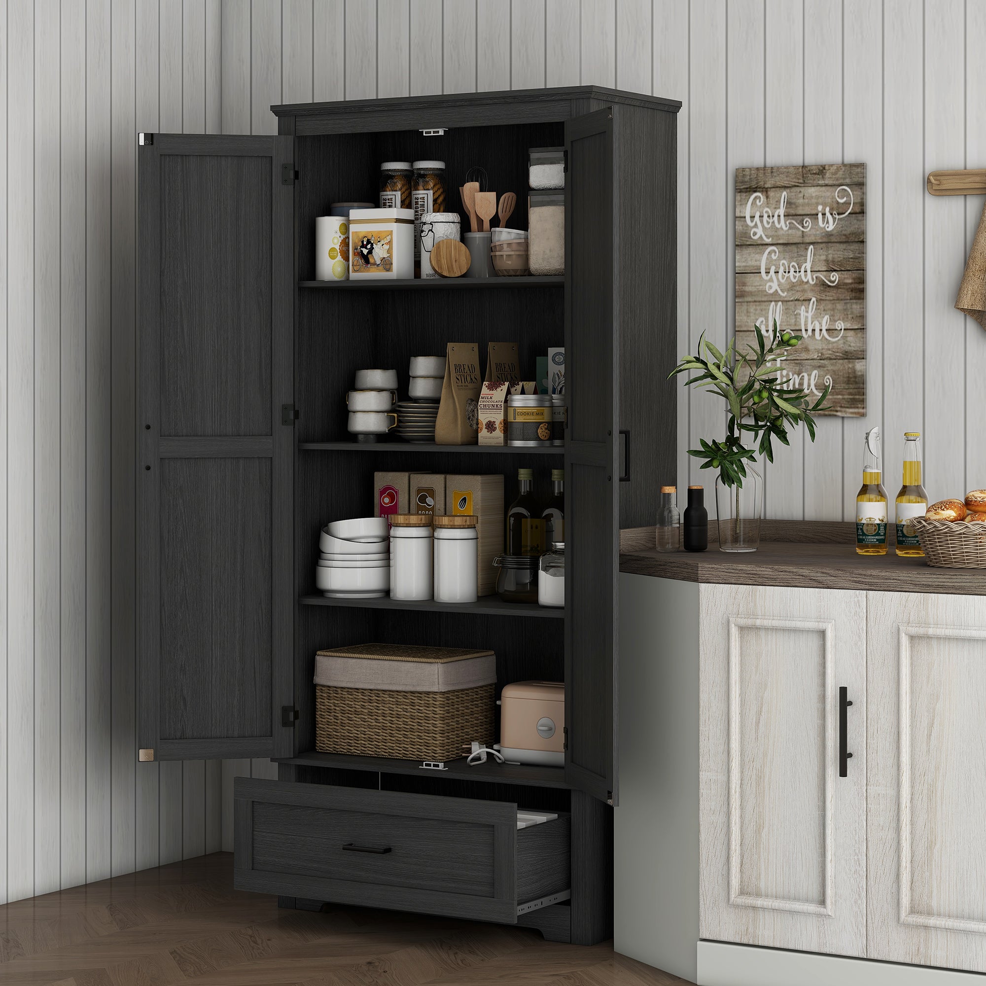 69" Tall Kitchen Storage Cabinet with Adjustable Shelves, Black