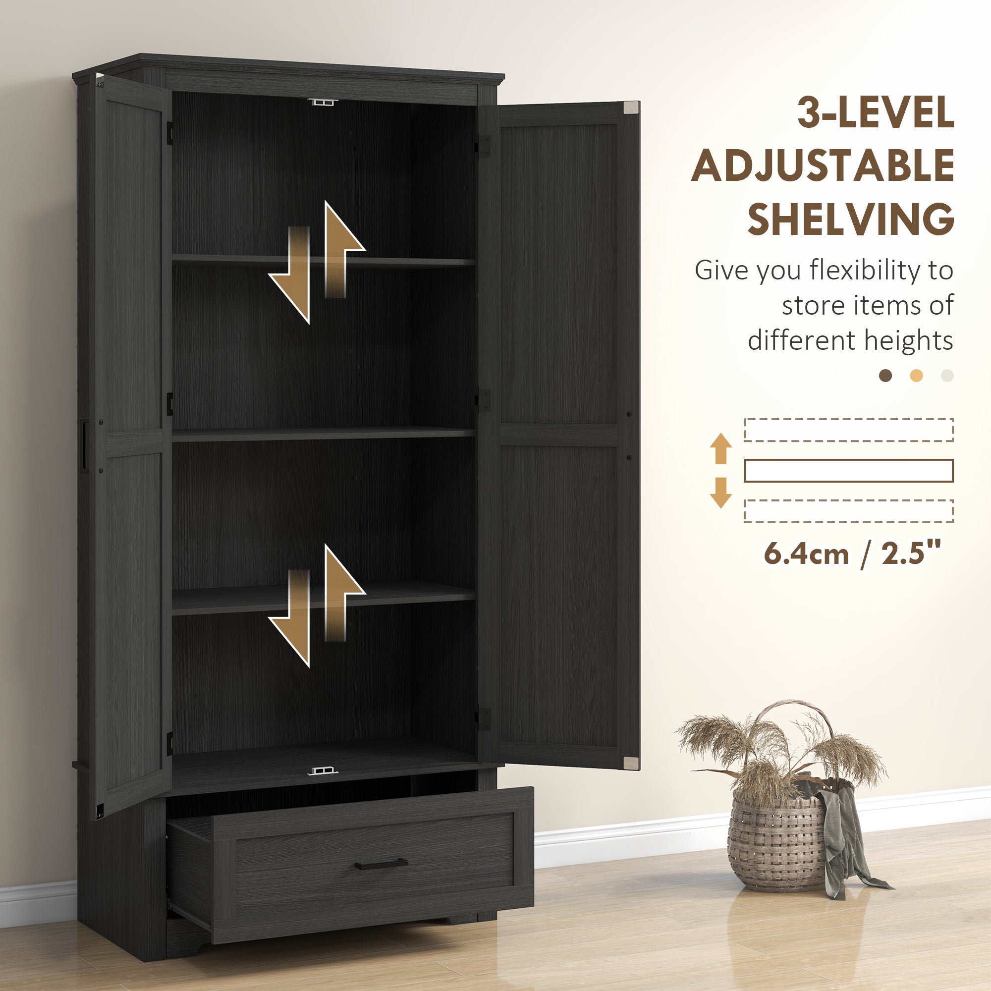 69" Tall Kitchen Storage Cabinet with Adjustable Shelves, Black