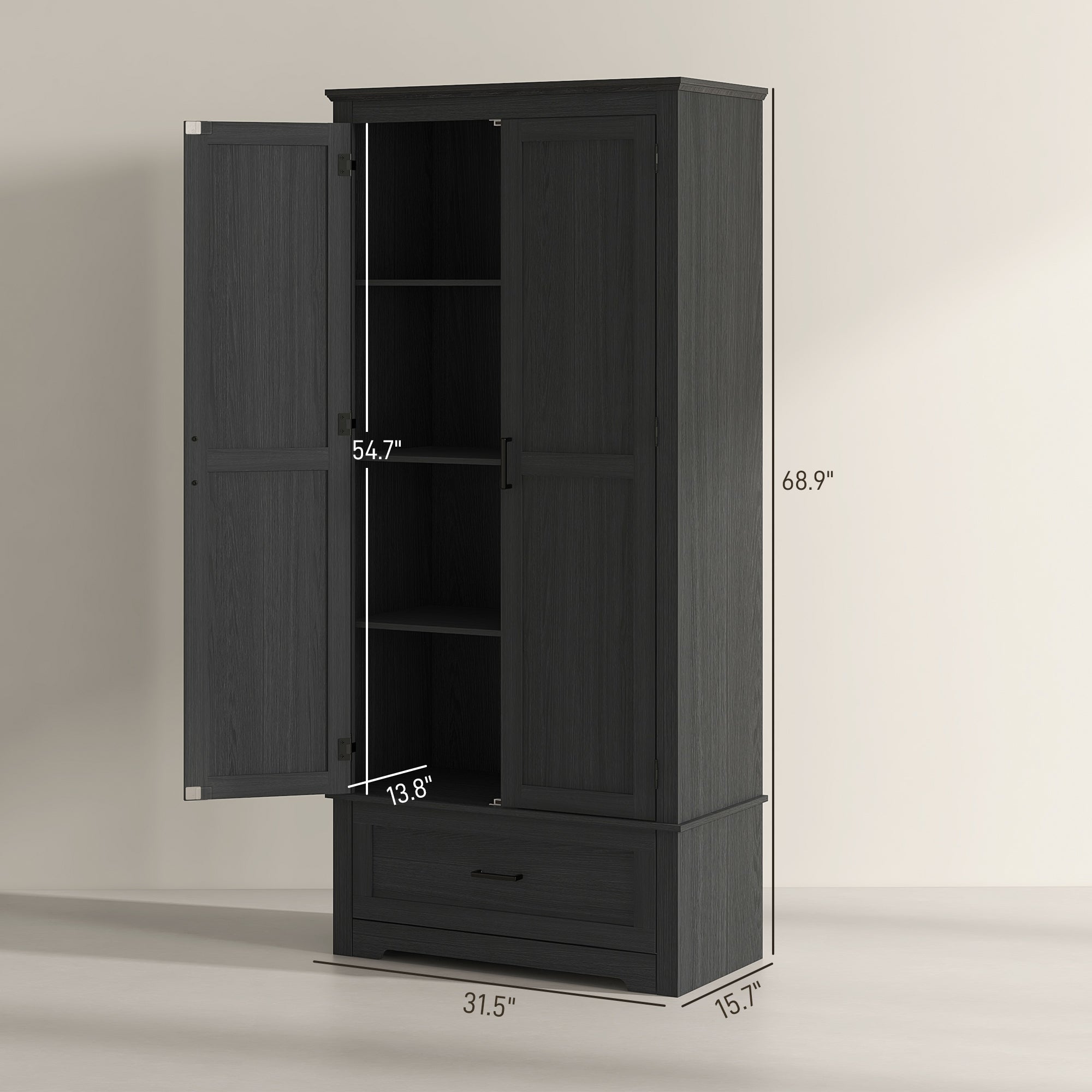 69" Tall Kitchen Storage Cabinet with Adjustable Shelves, Black