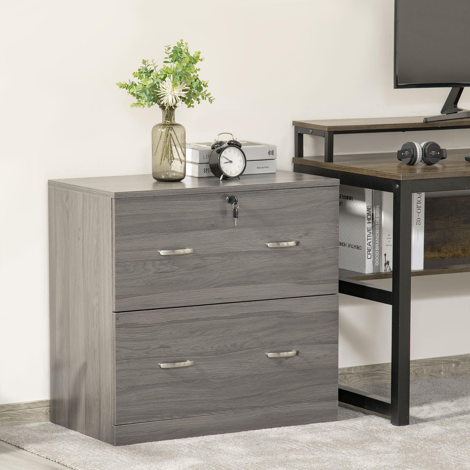 Vinsetto 2-Drawer Lateral Filing Cabinet with Lock, File Cabinet with Hanging Bar for Letter Size, Home Office, Grey