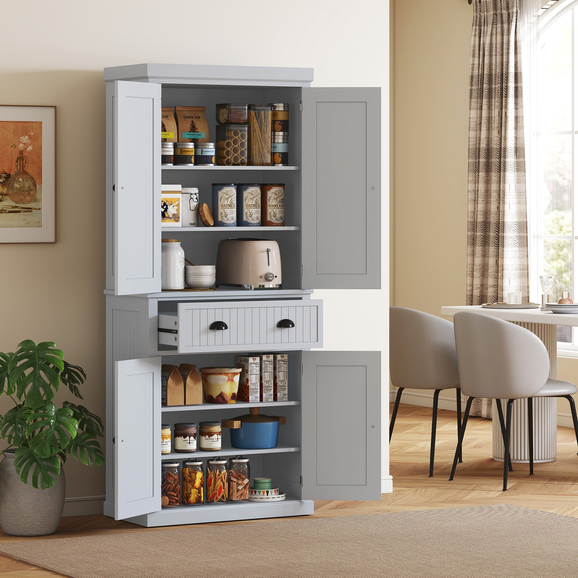 183cm Tall Kitchen Cupboard, Kitchen Pantry Cabinet with Drawer, 3 Adjustable Shelves and 4 Doors, Freestanding Storage Cabinet for Dining Room, Living Room, Grey