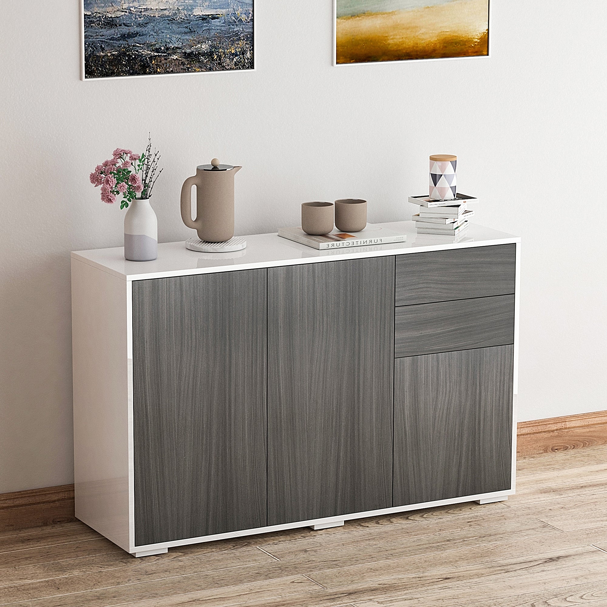 HOMCOM High Gloss Buffet Sideboard with 2 Drawers, 3 Doors and Adjustable Shelf, Kitchen Storage Cabinet with Push Open Design, Grey and White