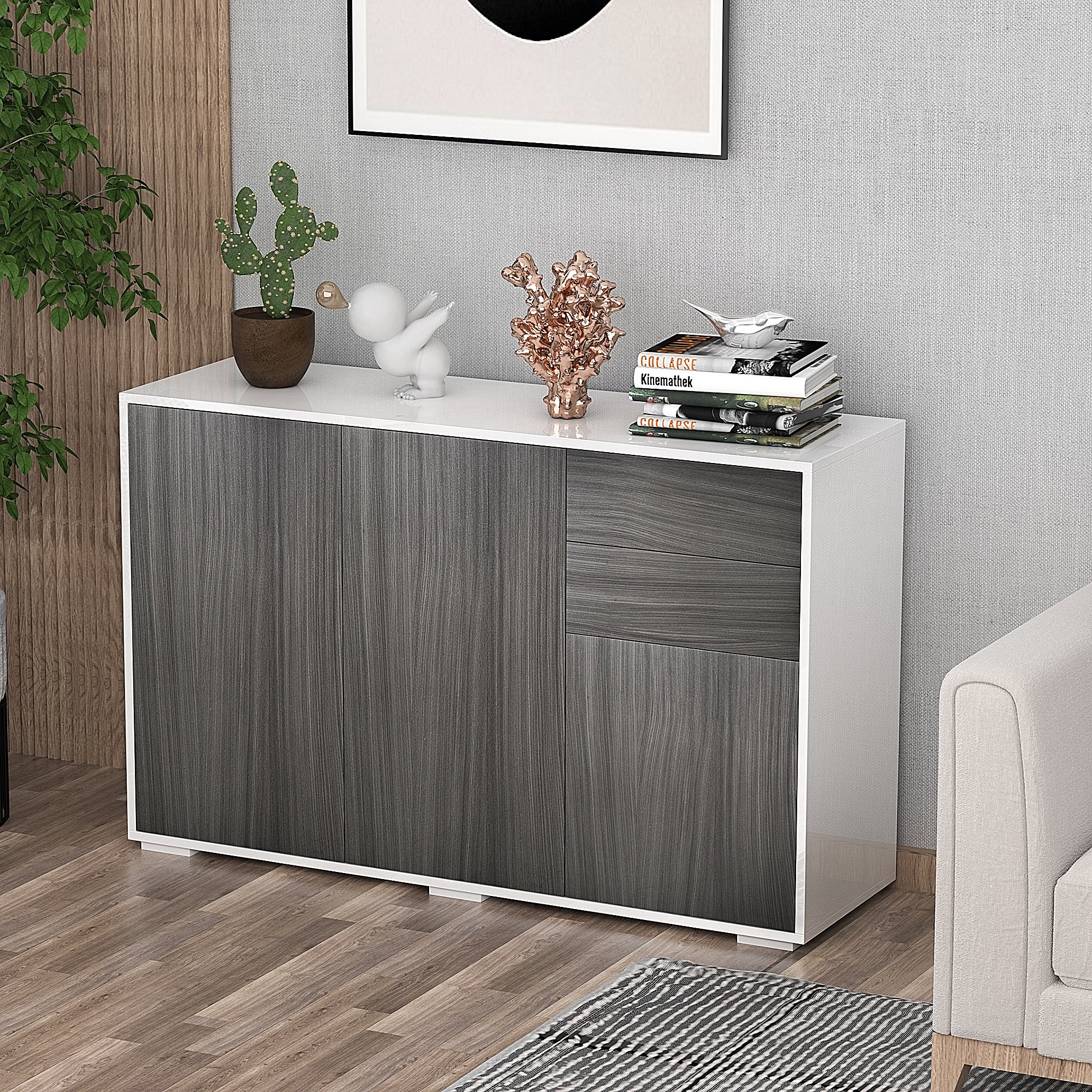 HOMCOM High Gloss Buffet Sideboard with 2 Drawers, 3 Doors and Adjustable Shelf, Kitchen Storage Cabinet with Push Open Design, Grey and White