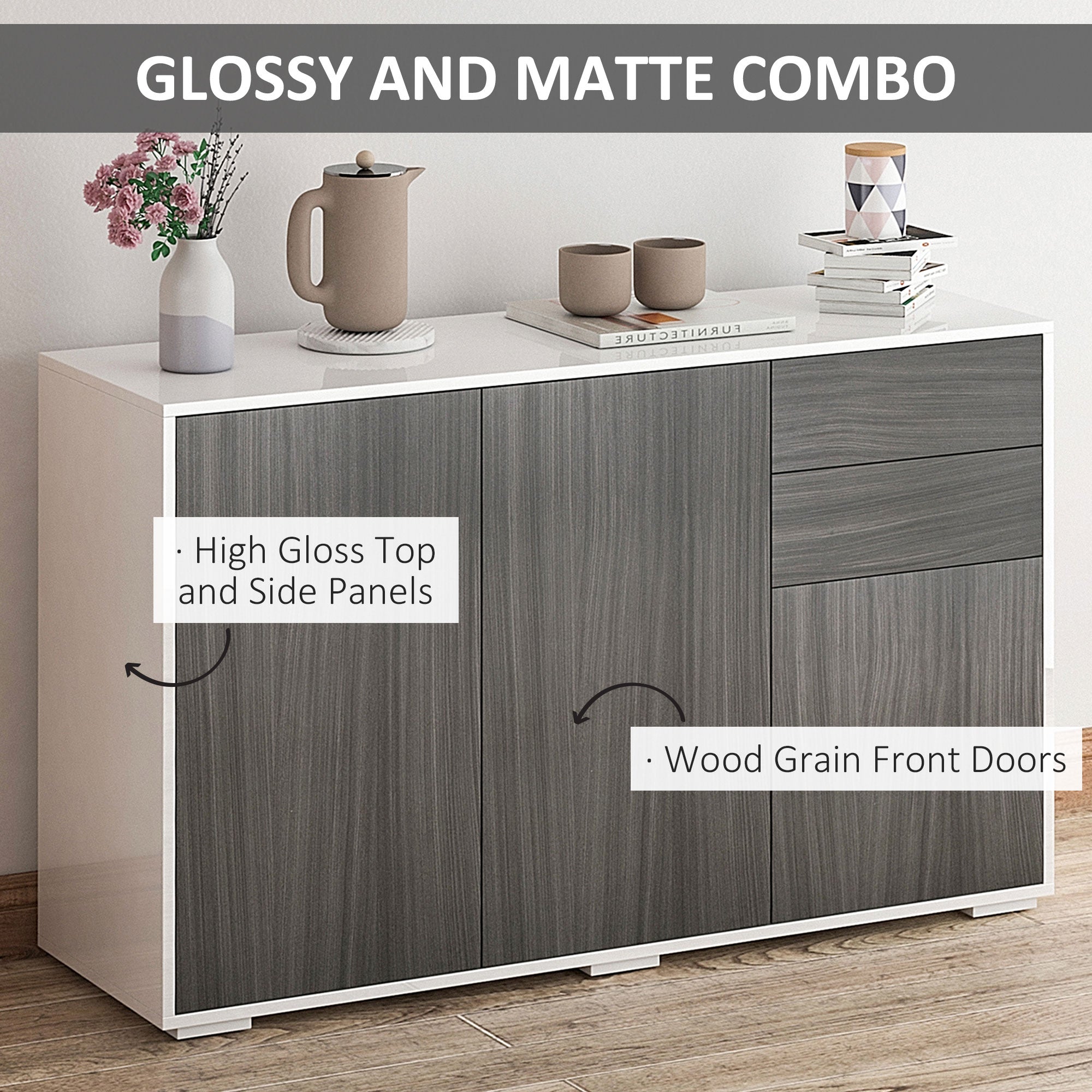 HOMCOM High Gloss Buffet Sideboard with 2 Drawers, 3 Doors and Adjustable Shelf, Kitchen Storage Cabinet with Push Open Design, Grey and White