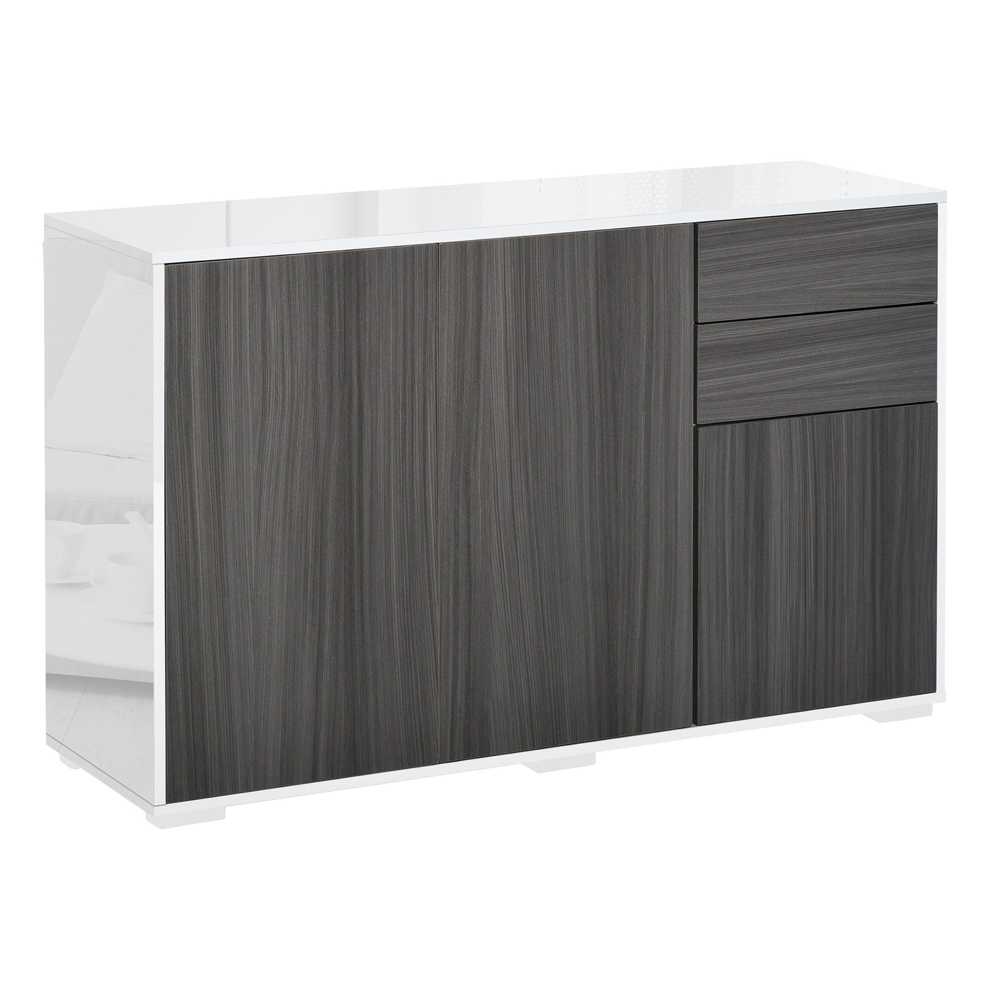 HOMCOM High Gloss Buffet Sideboard with 2 Drawers, 3 Doors and Adjustable Shelf, Kitchen Storage Cabinet with Push Open Design, Grey and White