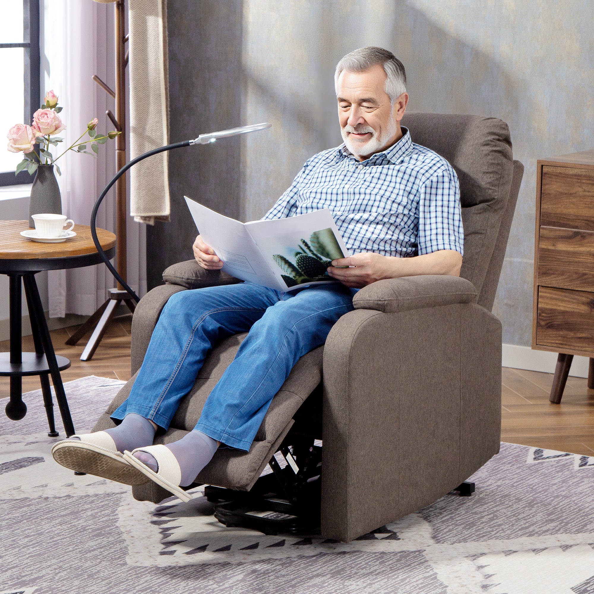 Lift Recliner Armchair for Elderly, Electric Recliner Chair with LED Magnifying Glass, Linen Fabric Riser Reclining Chair with Remote Control, Side Pockets for Living Room, Brown
