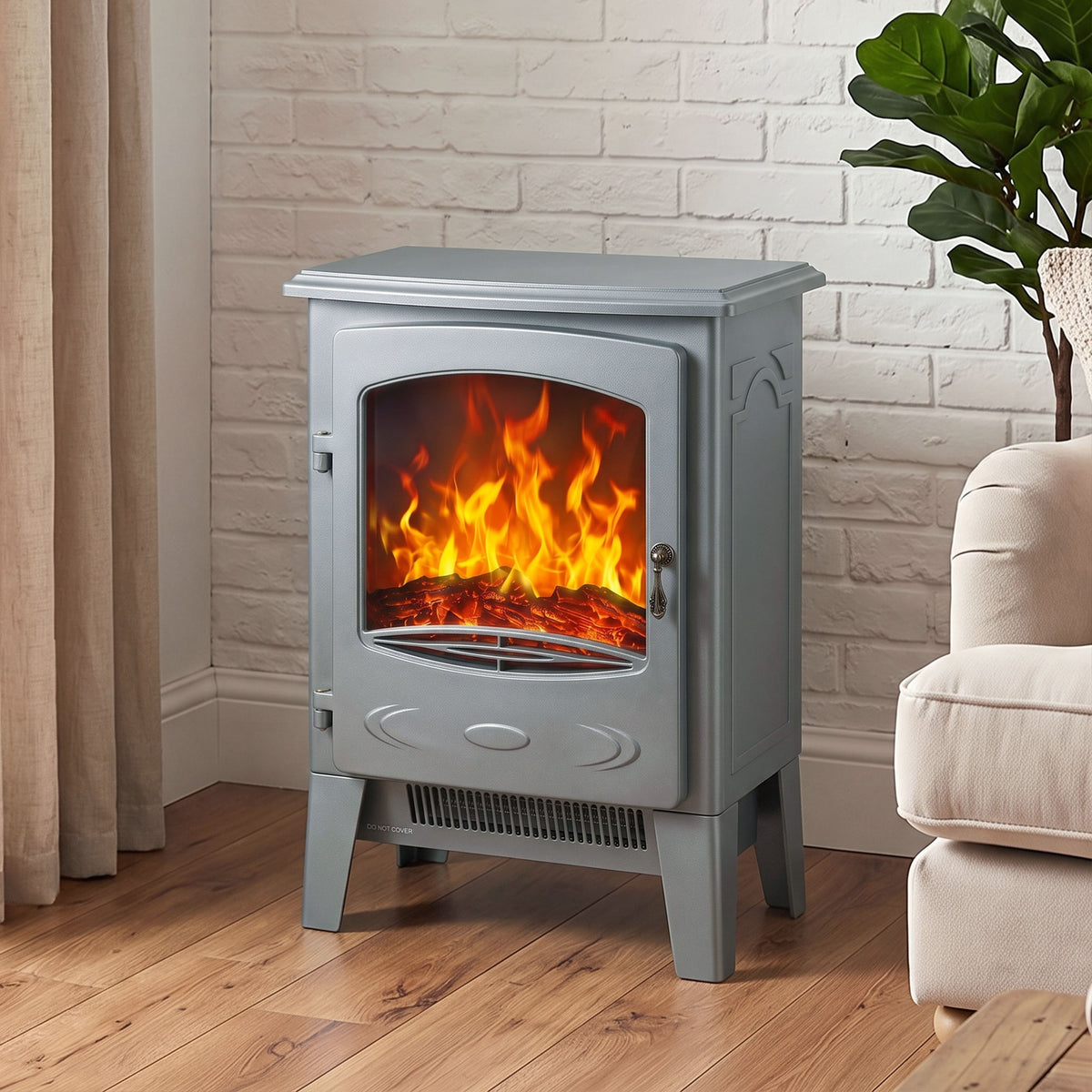 Electric Fireplace Stove, Freestanding Log Burner, 1000W/2000W, Portable Electric Fire Fan Heater with LED Flame Effect, Adjustable Thermostat, Tempered Glass, Overheat Protection， Grey