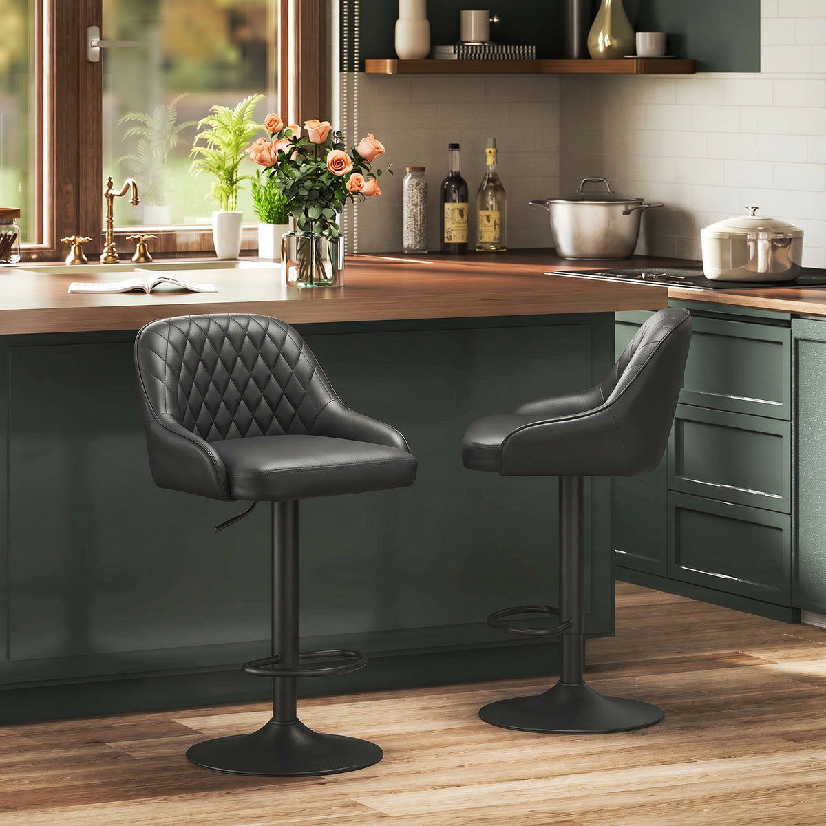 Adjustable Bar Stools Set of 2, Modern Swivel Counter Height Barstools with Back, Footrest, PU Leather Upholstered Bar Chairs for Kitchen Island Counter Dining Room, Black