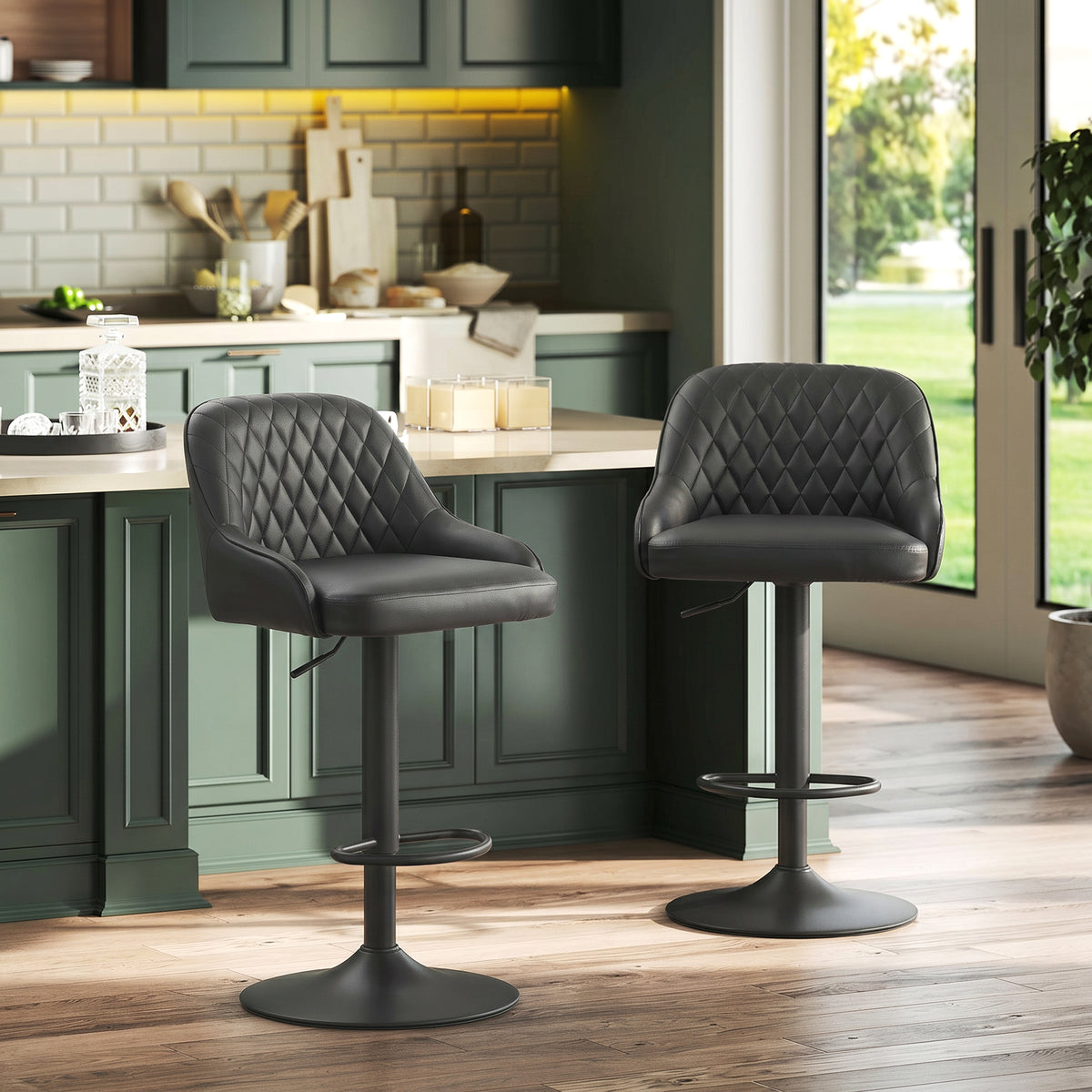 Adjustable Bar Stools Set of 2, Modern Swivel Counter Height Barstools with Back, Footrest, PU Leather Upholstered Bar Chairs for Kitchen Island Counter Dining Room, Black