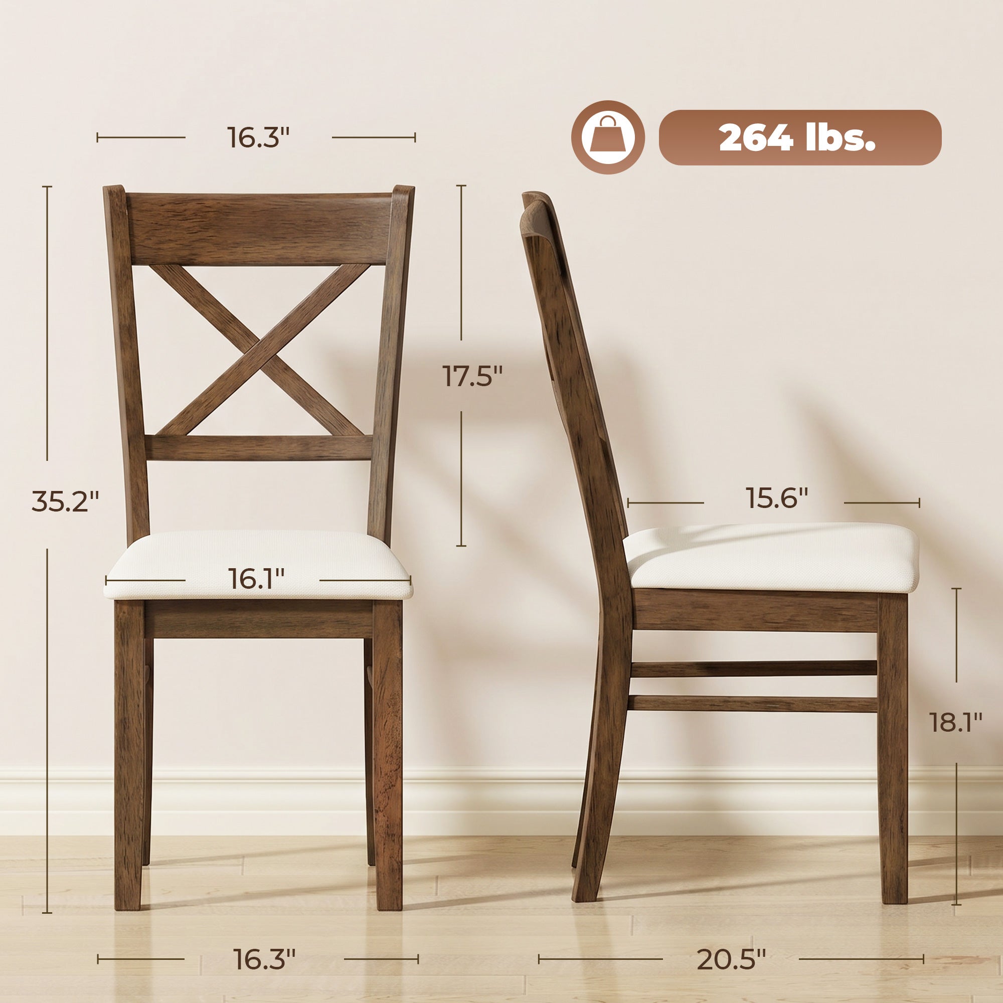 Dining Chairs Set of 2, Upholstered Kitchen Chairs with Rubberwood Frame, Padded Seat and X-Back for Living Room, Dining Room, Kitchen, Walnut