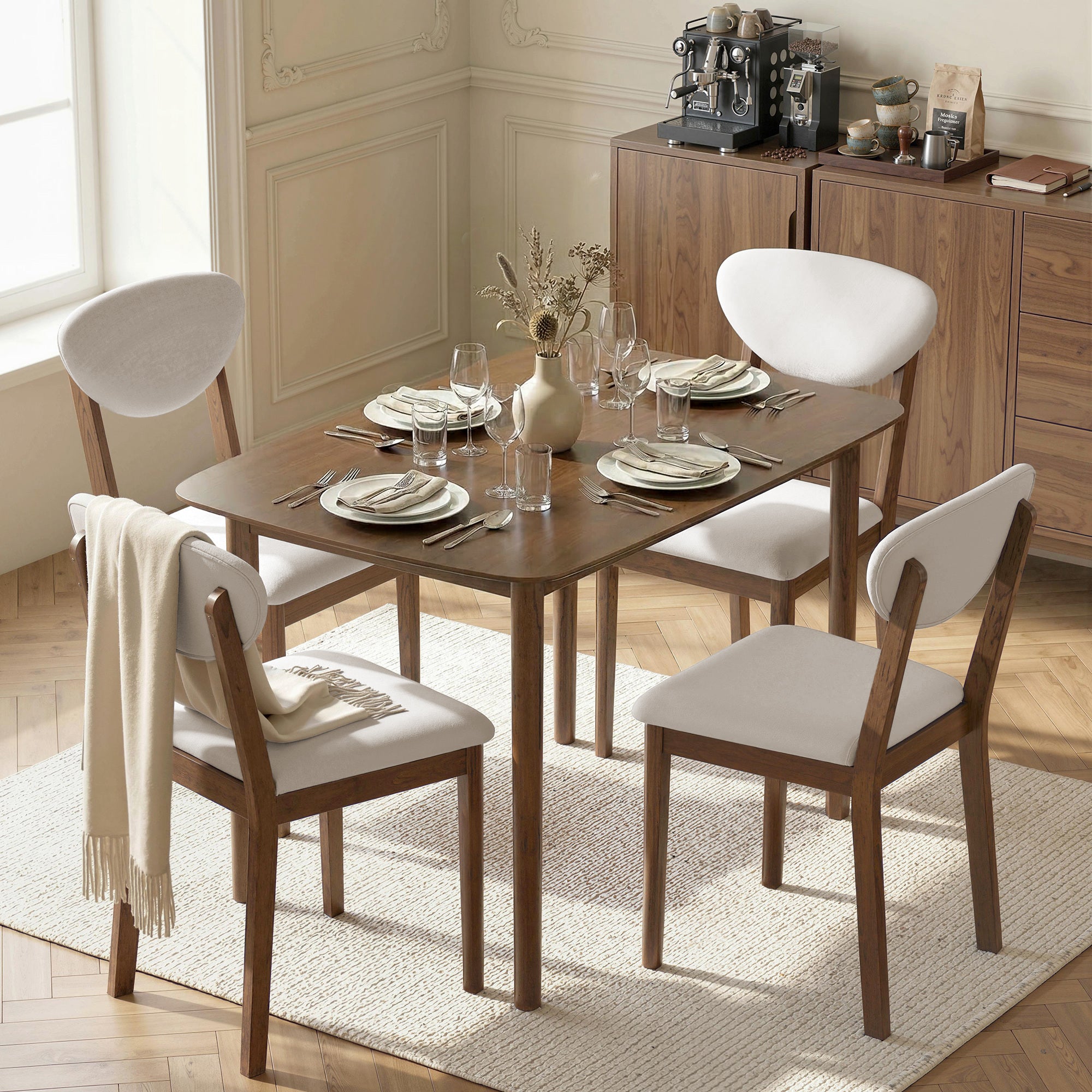 5-Piece Dining Table Set for 4, Mid-Century Modern Kitchen Table and Chairs with Padded Seats and Backrests, Solid Wood Frame for Small Space, Dining Room, Living Room, Cream White